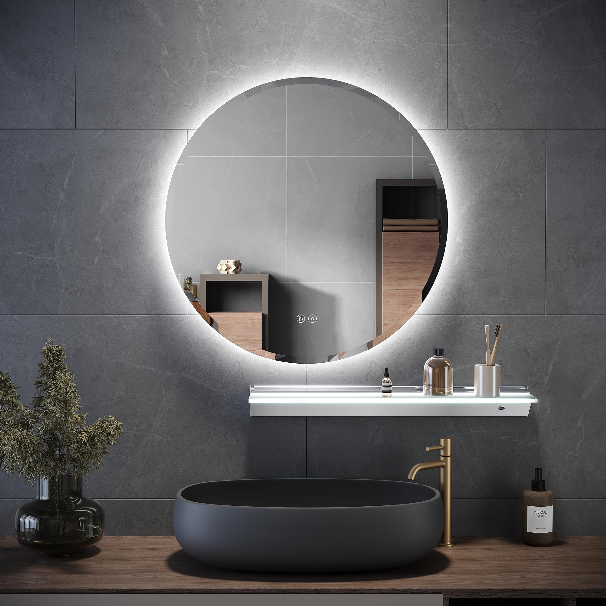 ELEGANT 600 x 600mm Round Bathroom Mirror with Lights, Backlit LED Illuminated Circular Mirror with Shelf, 3 Colors Dimmable, Anti-Fog, Memory Function, 60cm Floating Shelf with LED Lighting
