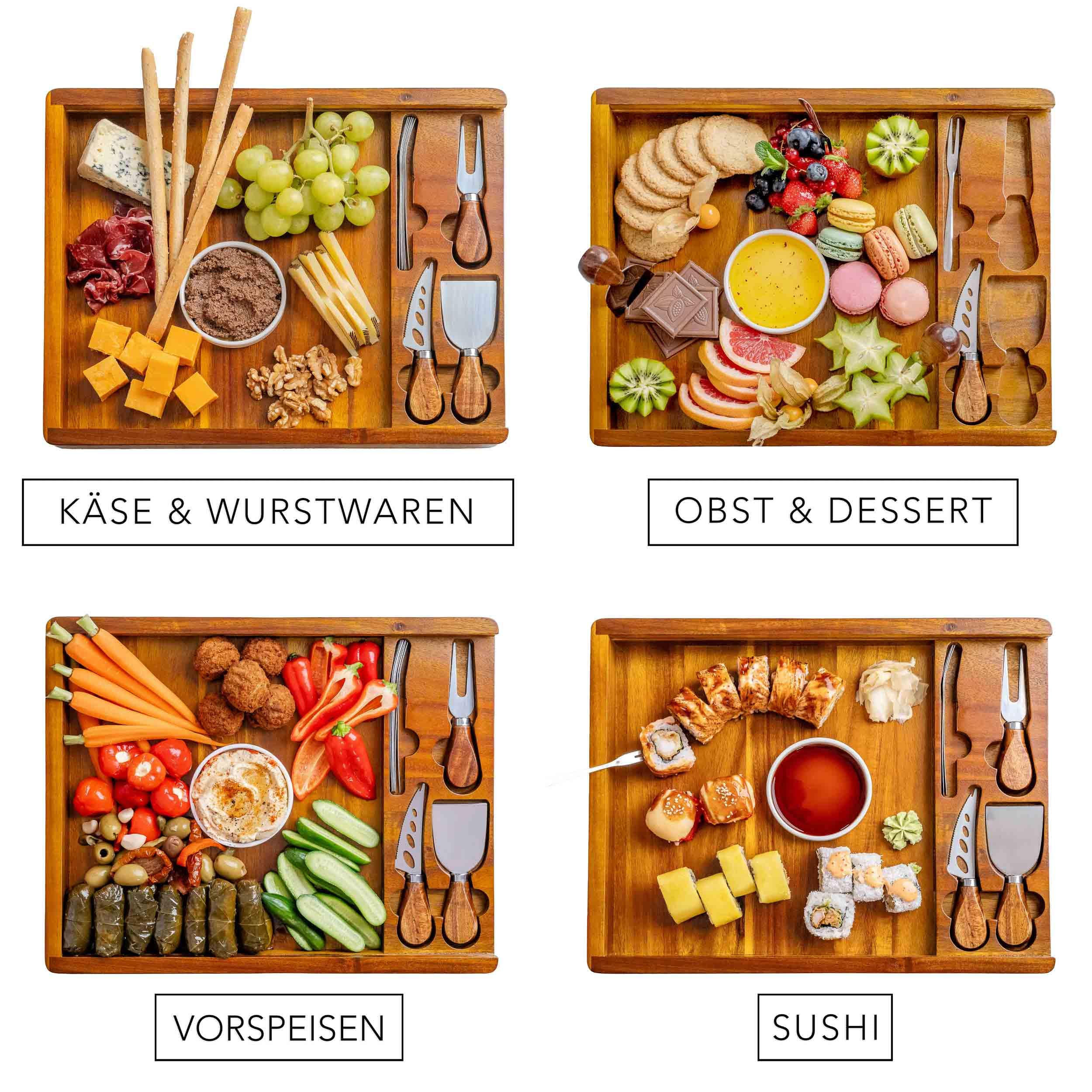 Akazienholz Käsebrett mit Käsemesser Set – Servierbrett aus Akazienholz, EIN Upgrade von Bambus Charcuterie Boards und Cheese Boards – Servierplatte Holz Käseplatte, Frühstücksbrett – Geschenk Idee