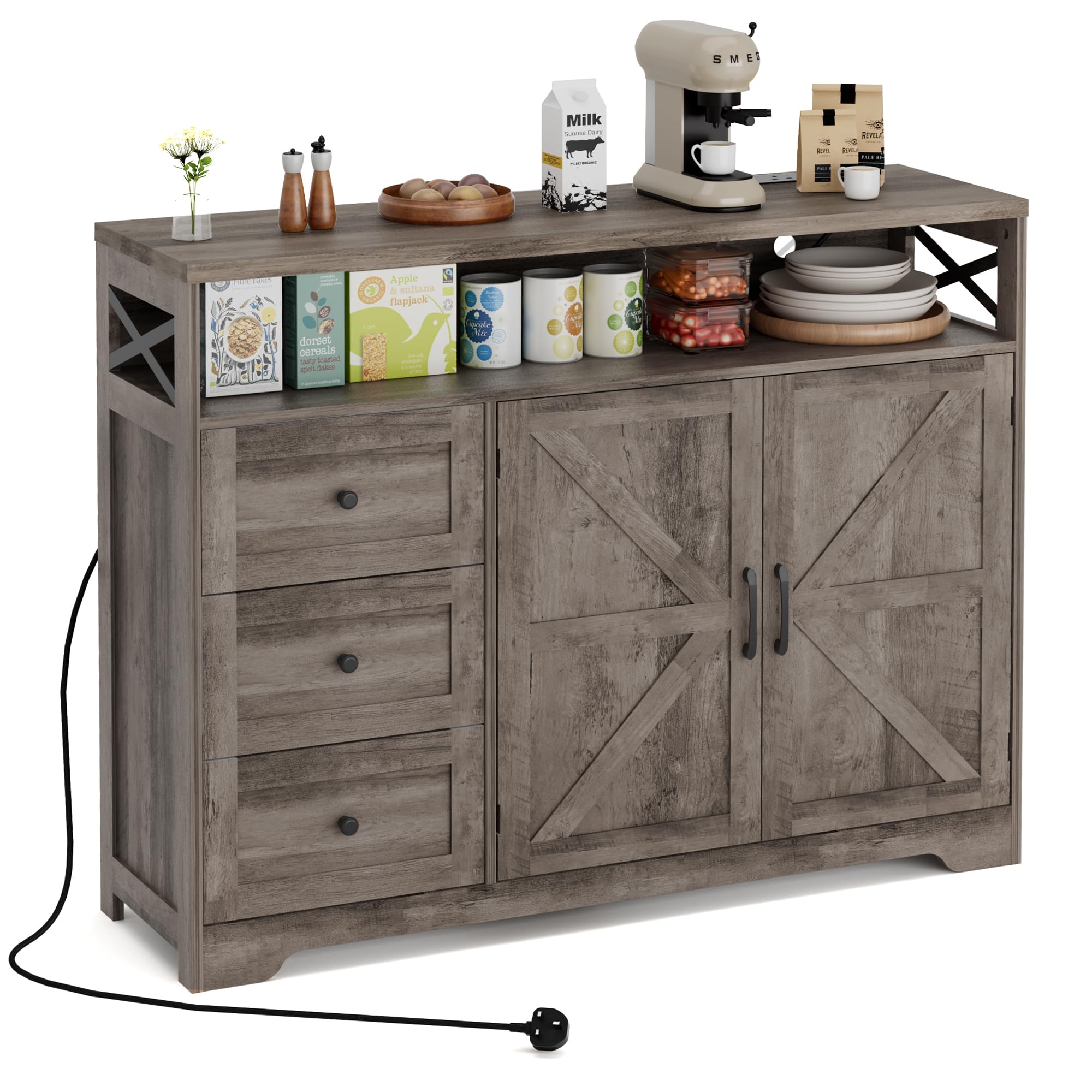 BonVache Sideboard Cabinet,Wooden Sideboard with Adjustable Shelf,3 Drawers and Open Shelf,Storage Cabinet for Living Room,Kitchen Storage Unit for Modern Home,Gray — image 1