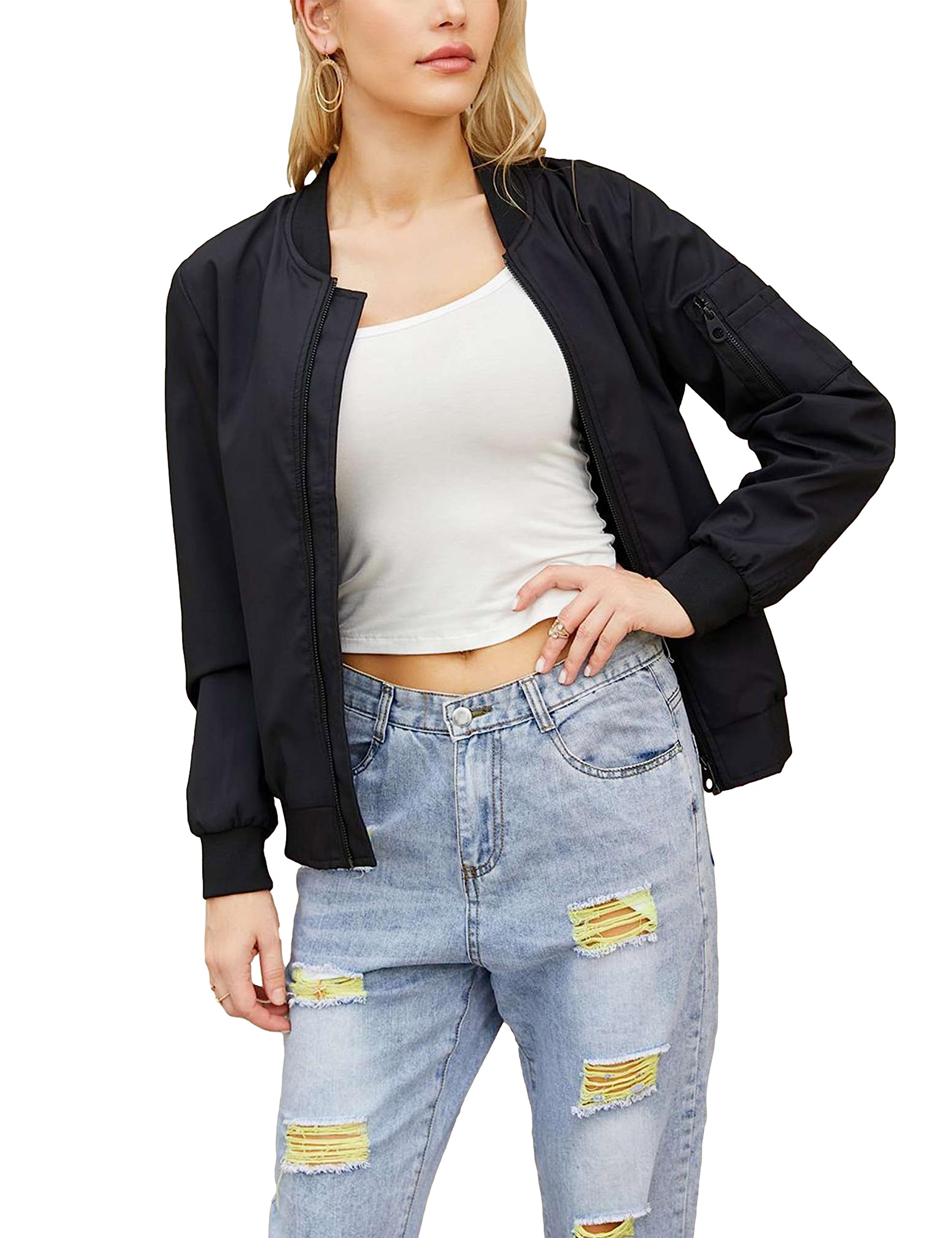 Silly TurtleWomens Bomber Jackets Zipper Lightweight Shacket Stand Collar Outerwear with Pockets