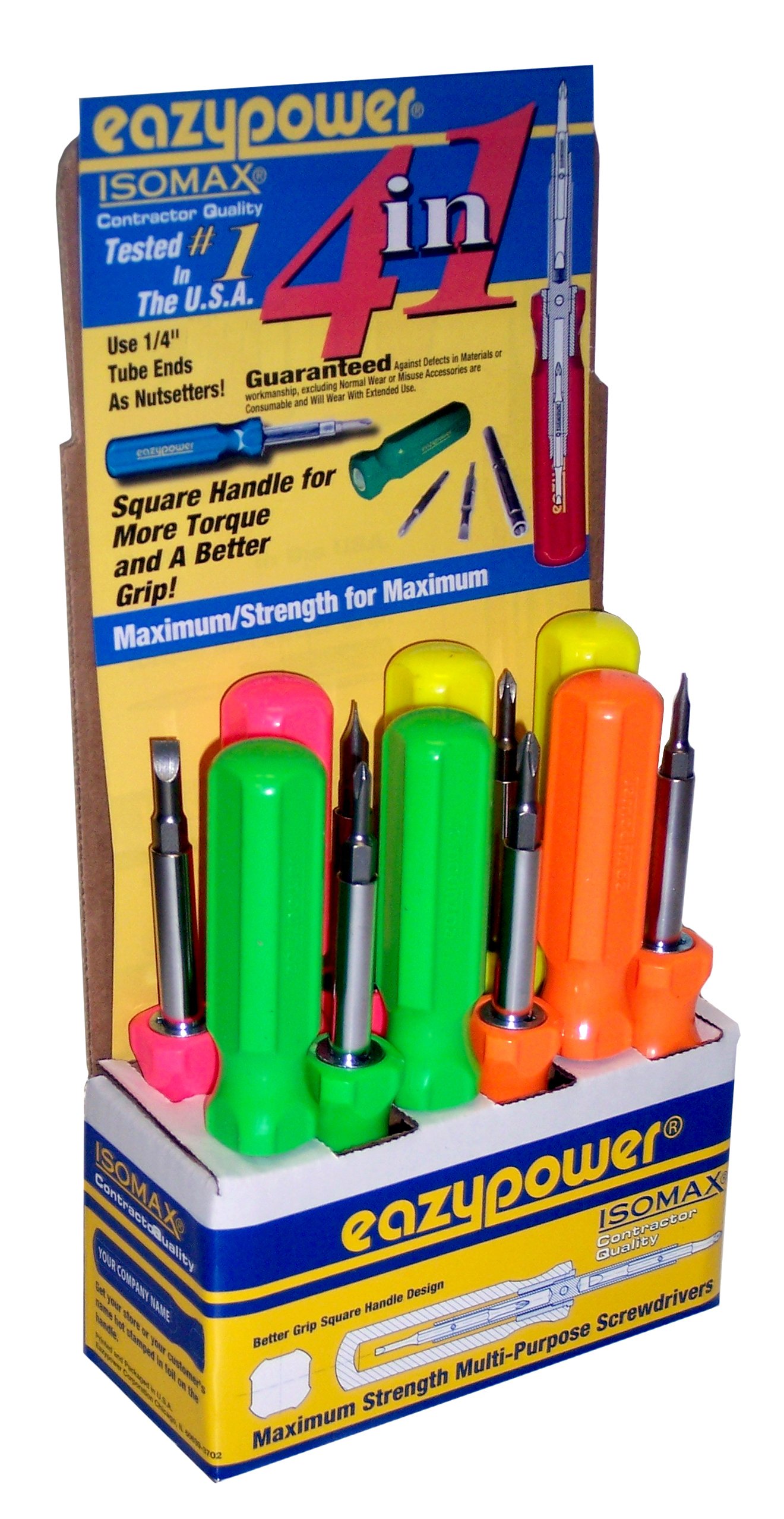 Eazypower 87737 12-Pack 4-in-1 Molded Handle #1/4-5, #2/8-10 Phillips/Slotted Screwdriver 1/4-inch Hex Hot Colors