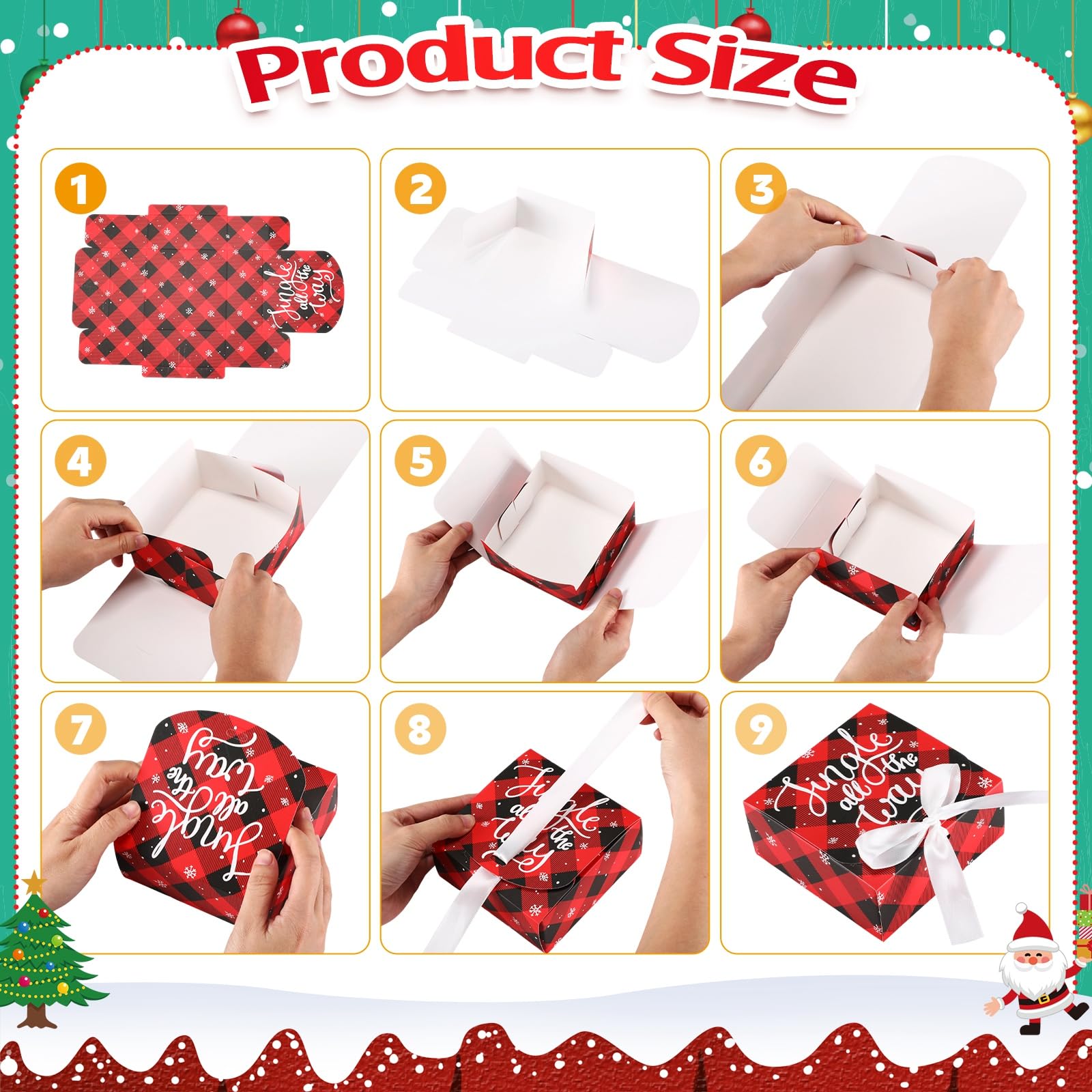 Cholemy 60 Stück Weihnachts-Geschenkboxen mit Deckel, 11,4 x 11,4 x 4,95 cm, Keksboxen mit Schleife, leere Brautjungfernboxen für Weihnachten, Antrag, Urlaub, Geschenkkarte, Schokolade, Basteln,