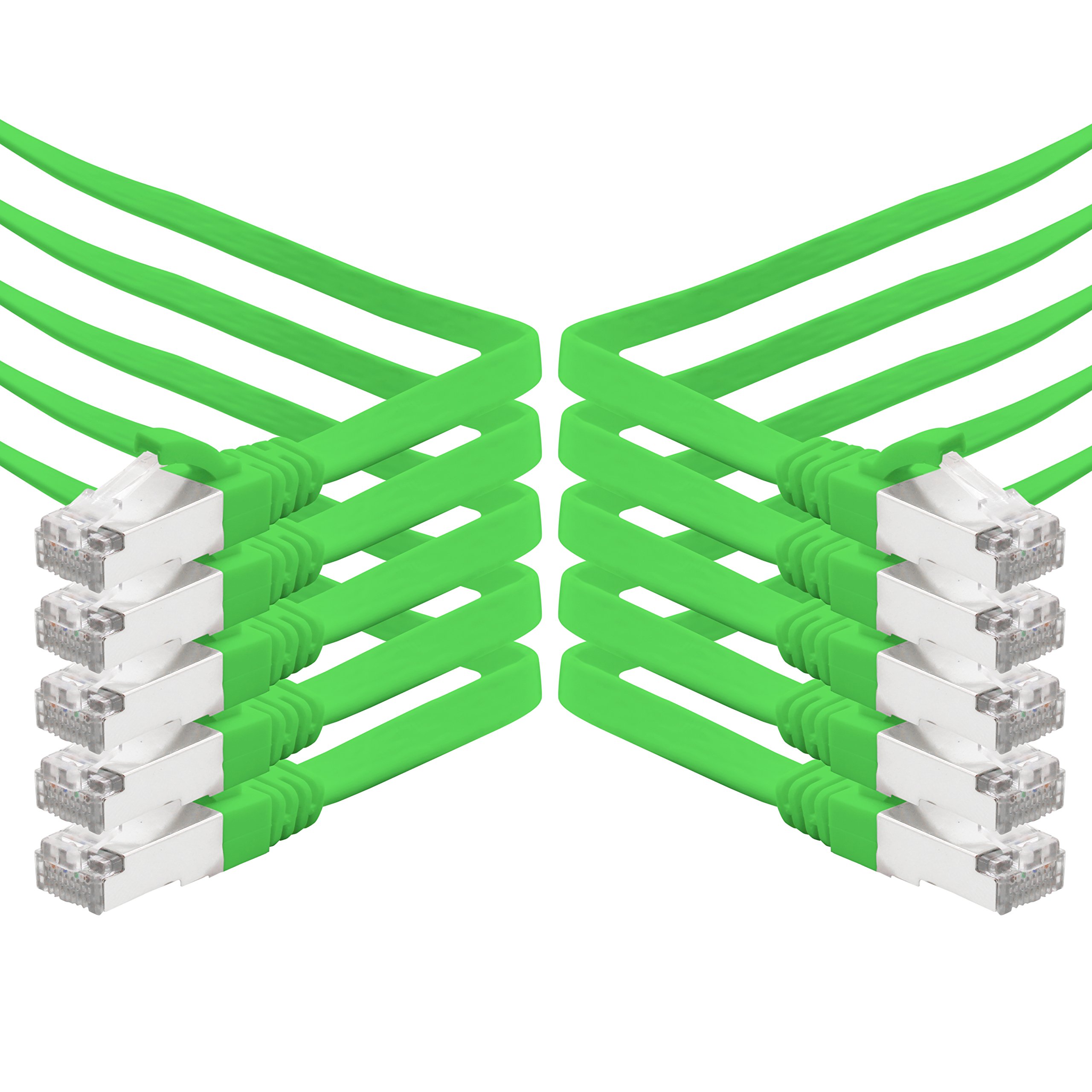 1aTTack.de 0.5m - grün - 10 Stück CAT.7 Gigabit Ethernet LAN Flachband Flachbandkabel (RJ45) Netzwerkkabel Rohkabel (10Gbit/s) Verlegekabel Flach Slim kompatibel zu Cat.5 - Cat.5e - Cat.6