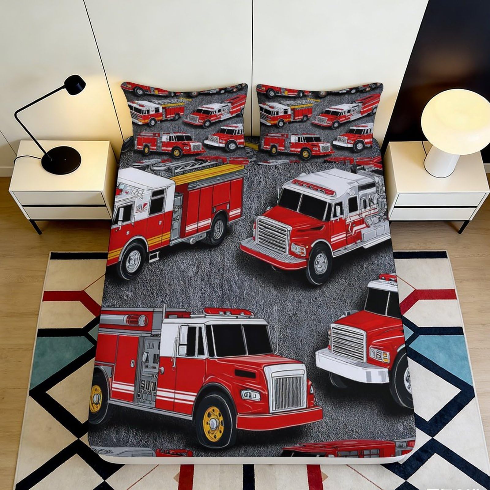 Pnayamiorkfel Style-9 3D Printed Fire Truck Fitted Sheet Microfiber Red Bedroom Decor Bed Cover For Home Guest Room Dorm Mattress Protection 90X200x25cm