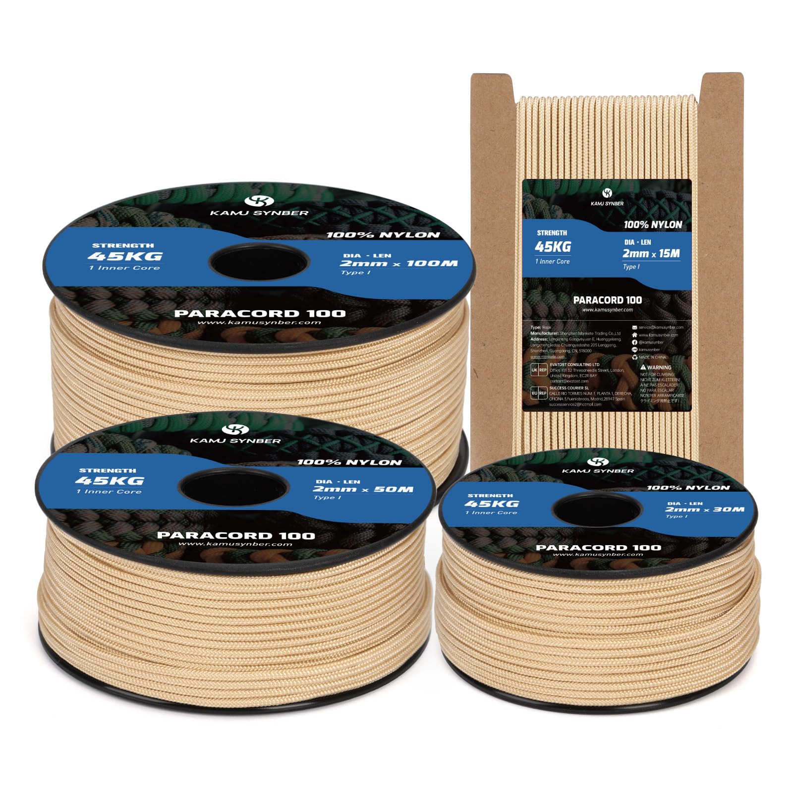 Kamu Synber 2mm Paracord 50M 100% Nylon Rope 1 Strand Type I Parachute Cord for Crafting, Outdoor, DIY, Camping | Support 45kg | Khaki