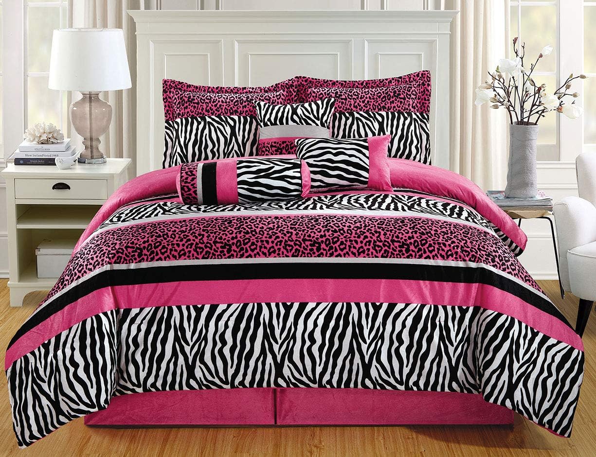GrandLinen 7 Piece Queen Size Hot Pink Black Animal Print