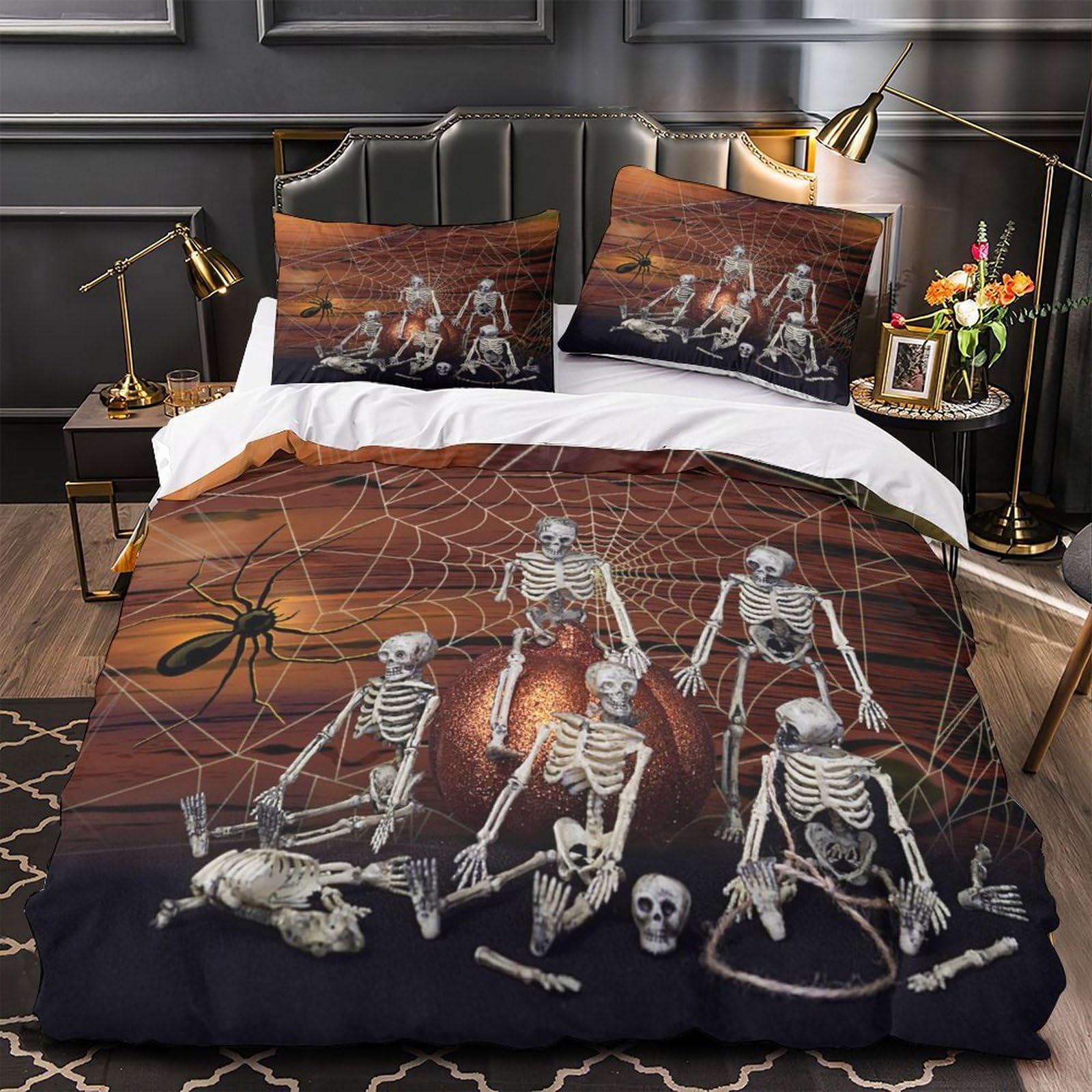 Décorations d'Halloween chambre adulte avec housse de couette squelette douillette