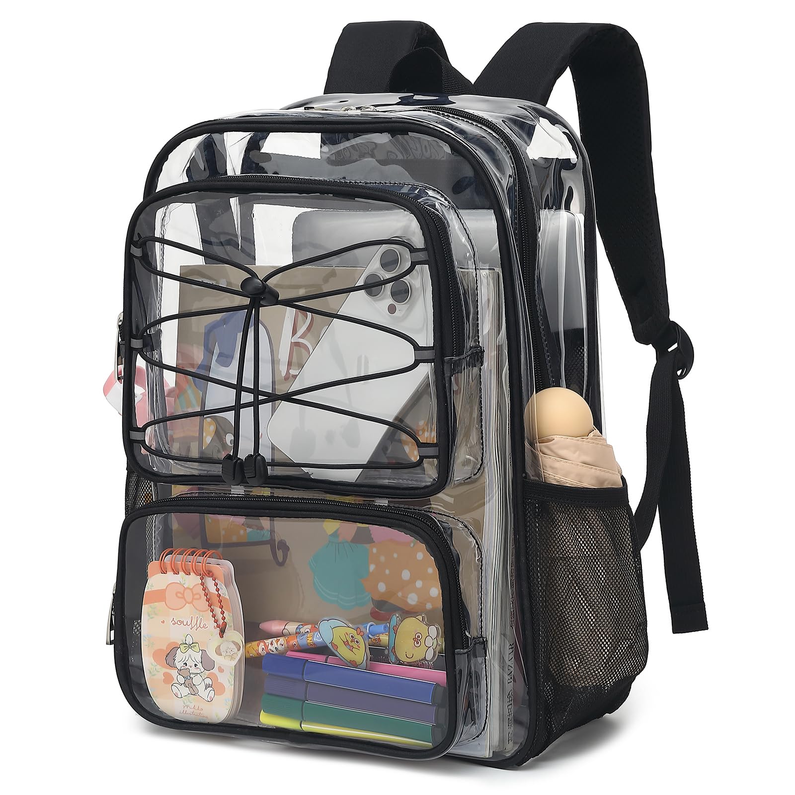 Yusudan Clear Backpack for Girls Women, Heavy Duty Transparent School Backpacks See Through PVC Bookbag for College Work Security Travel (Black)