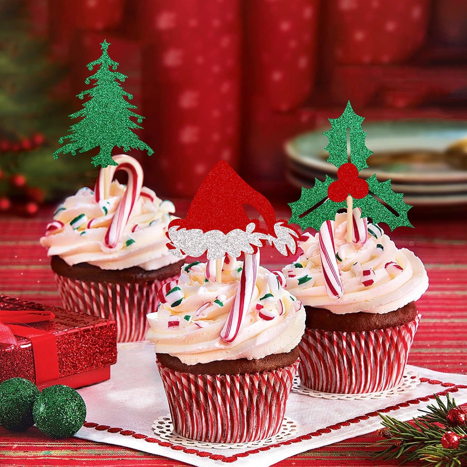 24 PCS Christmas Holly Leaves and Berries Cupcake Toppers Glitter Santa Hat Christmas Tree Cupcake Picks Winter Merry Christmas Theme Birthday Party Cake Decorations Supplies image 4