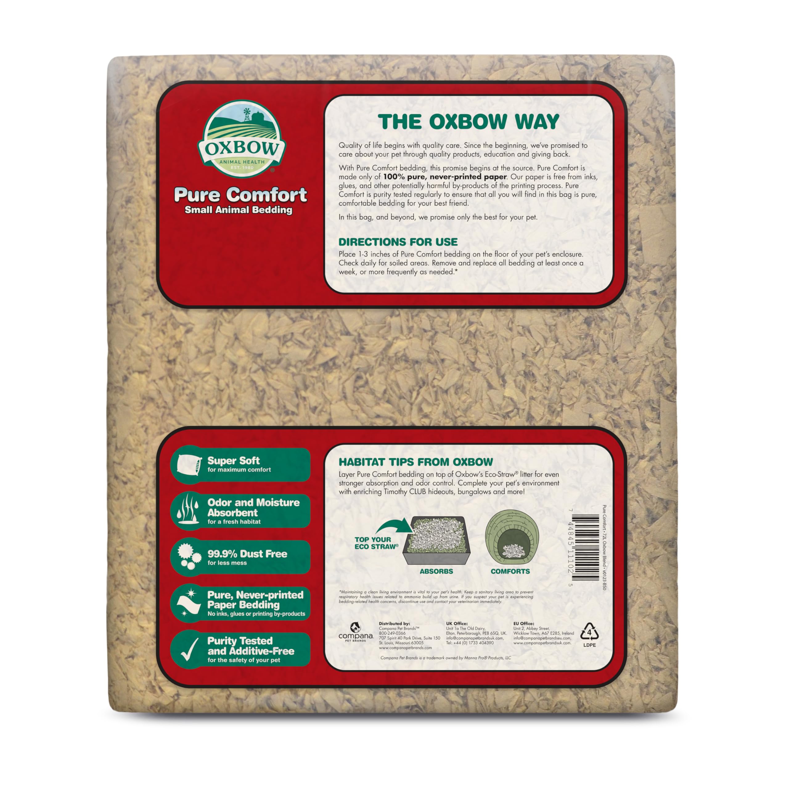 OXBOW Animal Health Pure Comfort Bettwäsche, Kaninchen, Hamster und Meerschweinchen, Hasenzubehör für Katzentoilette, Haustiersicher, 99,9% staubfrei, natürlich, 56 Liter Beutel