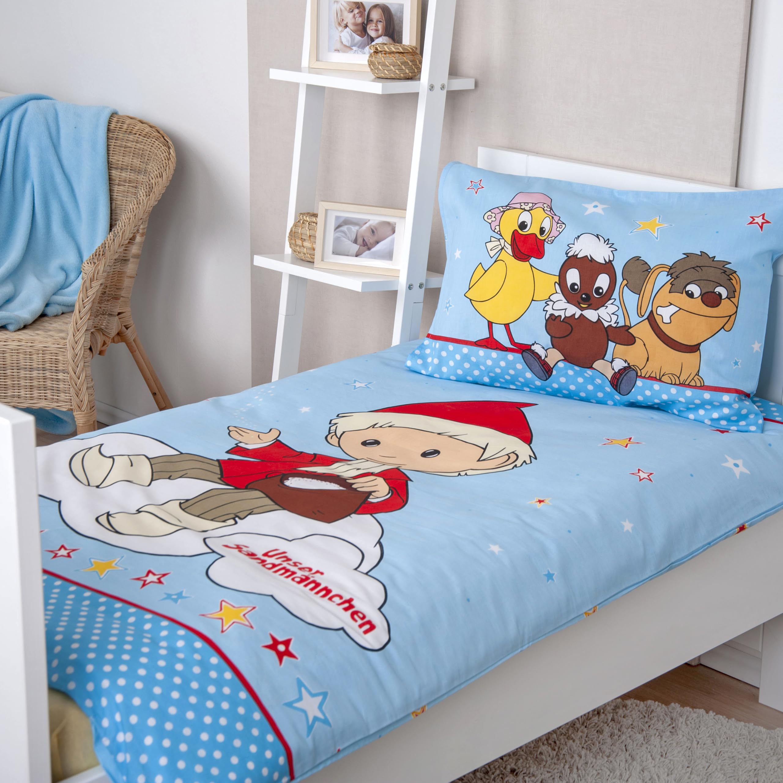 Unser Sandmännchen Bettwäsche, Schnatterinchen, Pittiplatsch, Moppi 40x60cm + 100x135cm, 100% Baumwolle mit Reißverschluss