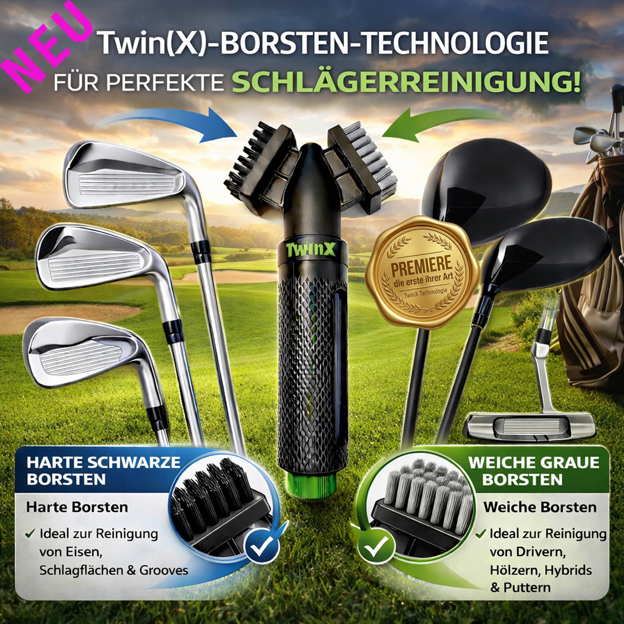 Spazzola da golf Premium con serbatoio dell'acqua e funzione spray, nuovo sistema a doppia setole adatto per tutte le mazze da golf, spazzola per mazza da golf, magnete e moschettone per borsa da golf