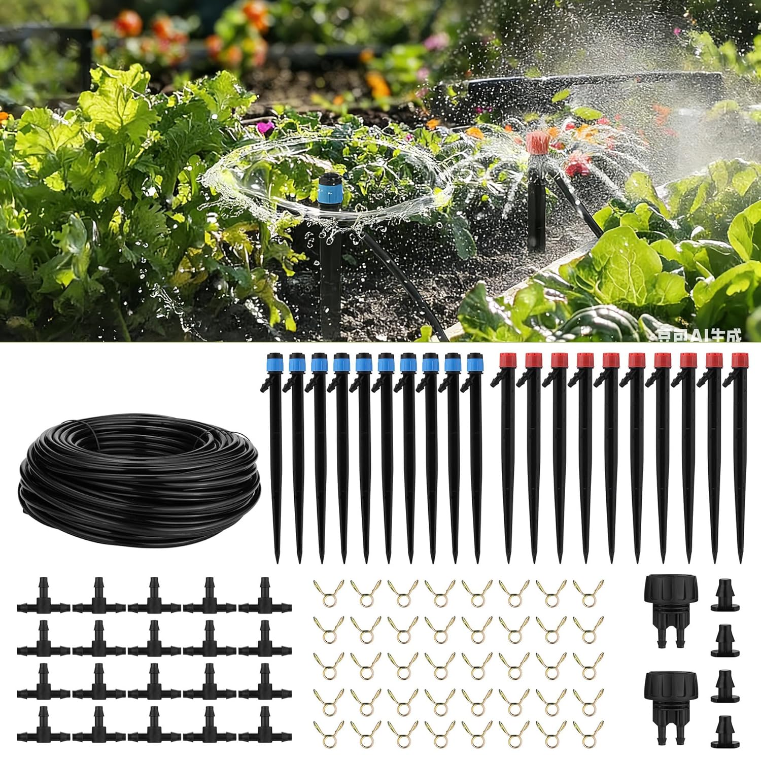 110Ft DIY Irrigation System with Drip Vortex Watering Sprinkler Nozzles 1/4" Garden Misting System with Hose Tubing Connectors Clamps Drip Emitters for Greenhouse Patio Lawn Raised Bed Outdoor
