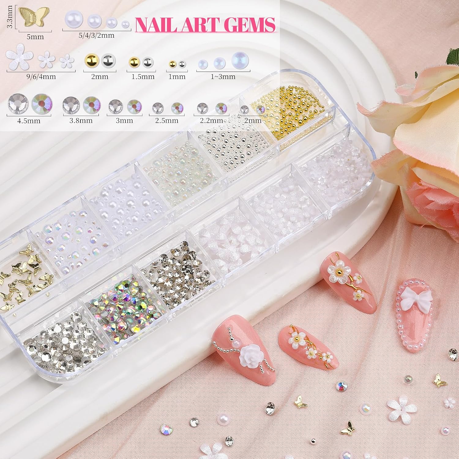 2 Boxes Assorted Nail Charms and Gems, White Flower Nail Charms Aurora Bow Metal Butterfly Crystal AB Clear Gemstones Silver/Gold Caviar Beads White Pearls Glass Bubble with Nail Chain (9-S2-Mixed6)