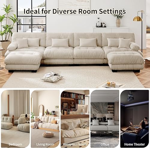 Miniatura 6 de Juego de sofá modular de asiento profundo de 133.8 pulgadas, sofás seccionales grandes de tela de felpilla para sala de estar, moderno sofá nube de