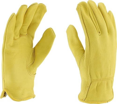 Miniatura 5 de West Chester 85040 Guantes de cuero de ciervo de grano para conductor, dorados, guantes de trabajo pequeños con muñeca elástica fruncida, pulgar