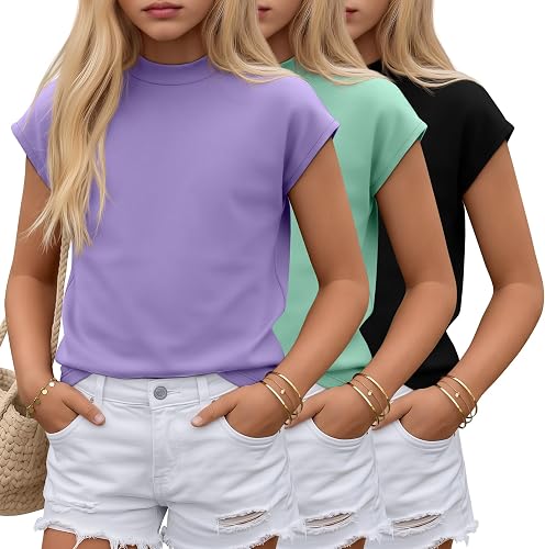 YooAurvox 3 Pack Girls Shirts Summer Cap Sleeve Fashion Mock Turtleneck Tops Kid