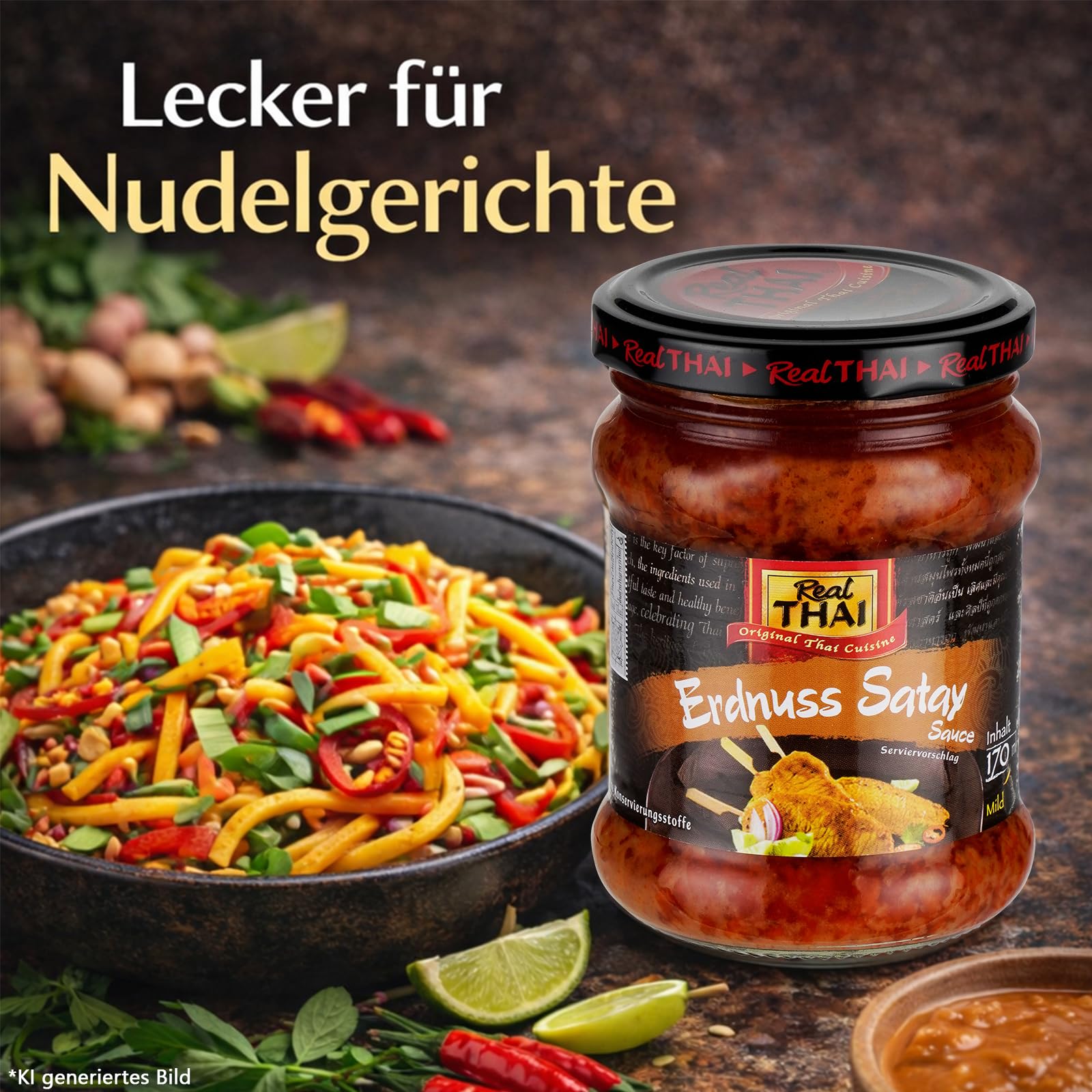 Real Thai Erdnuss Satay Sauce – 170ml, 6er Pack | Original thailändische Erdnusssauce mit Kokosmilch – Ideal als Dip & Marinade – Authentischer Geschmack