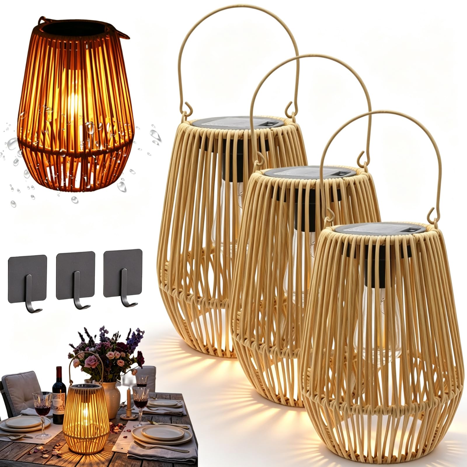 Lot de 3 lanternes solaires en rotin tissé à la main, lanternes solaires en osier étanches pour jardin, cour, porche, terrasse, tonnelle, table