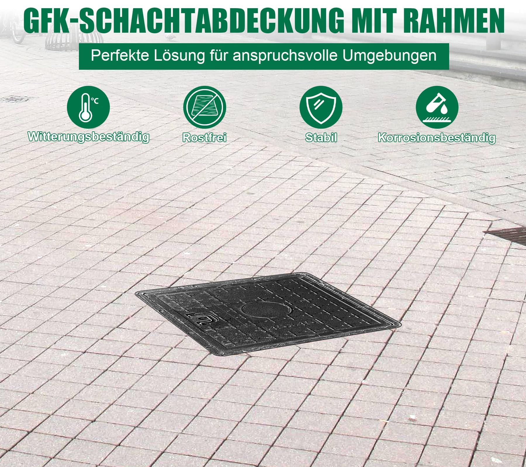Tapa de pozo de fibra de vidrio con marco, asa 450x450 mm, A15, tapa de alcantarilla, tapa de pozo, conducto de inspección para acera, jardín, área verde, resistente a UV, resistente a las