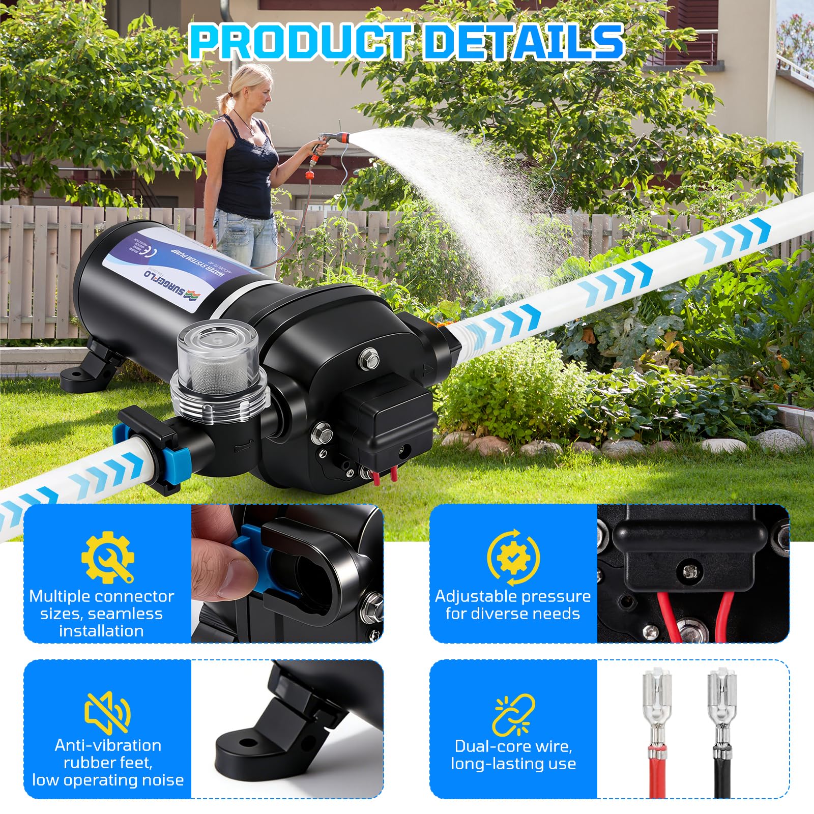 12V Wasserpumpe, 17L/min 3.1 Bar Selbstansaugende Membranpumpe mit Robustem Druckschalter und Ansaugsieb für Wohnmobil, Boot, Waschen, Bewässerung, Zirkulation