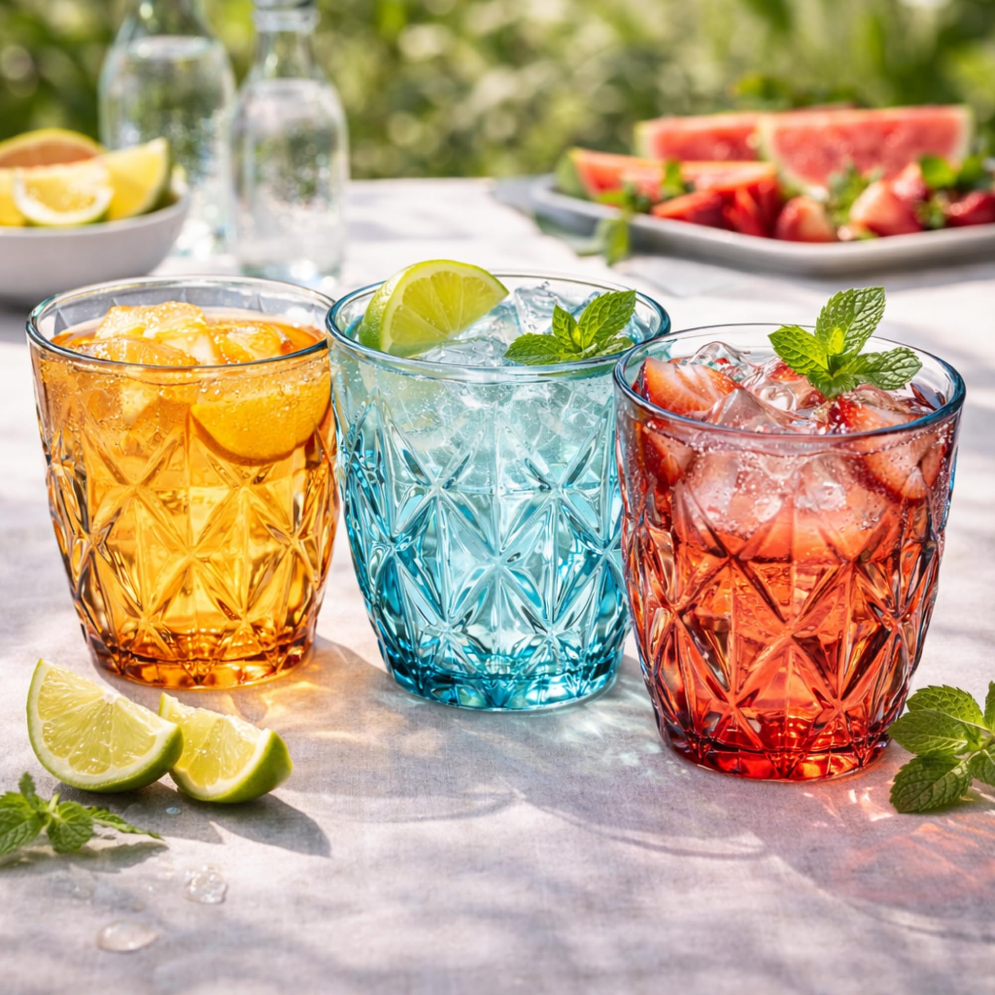 Pack 6 Vasos de Cristal Azul 300 ml – Vasos para Agua y Refrescos Diseño Diamante, Cristal Resistente – Aptos Lavavajillas, No Pierden Brillo – Vasos Apilables Elegantes para Mesa, Cocina y Cócteles