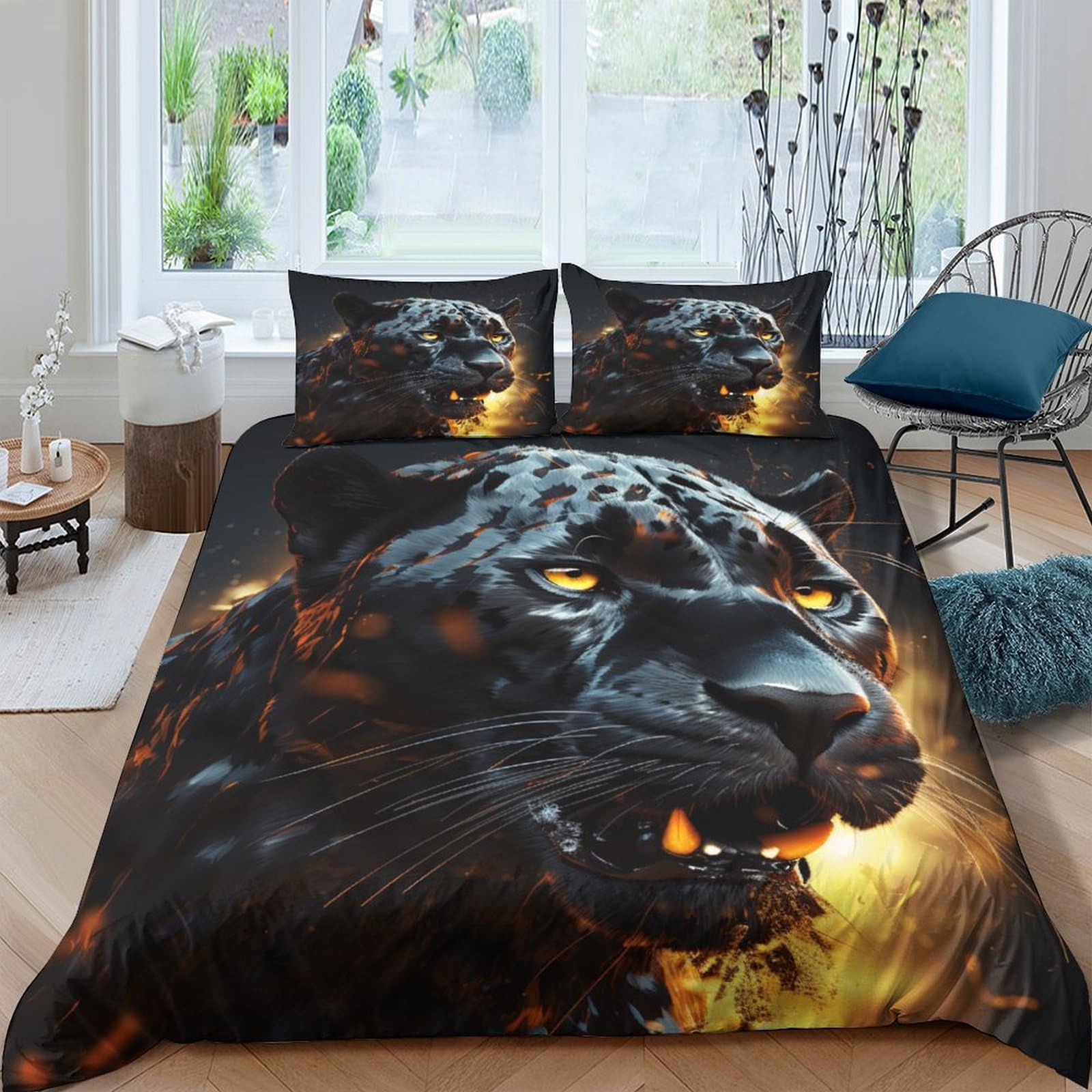 Housse de couette panthère noire 200x200 cm avec 2 taies d'oreiller pour lit double