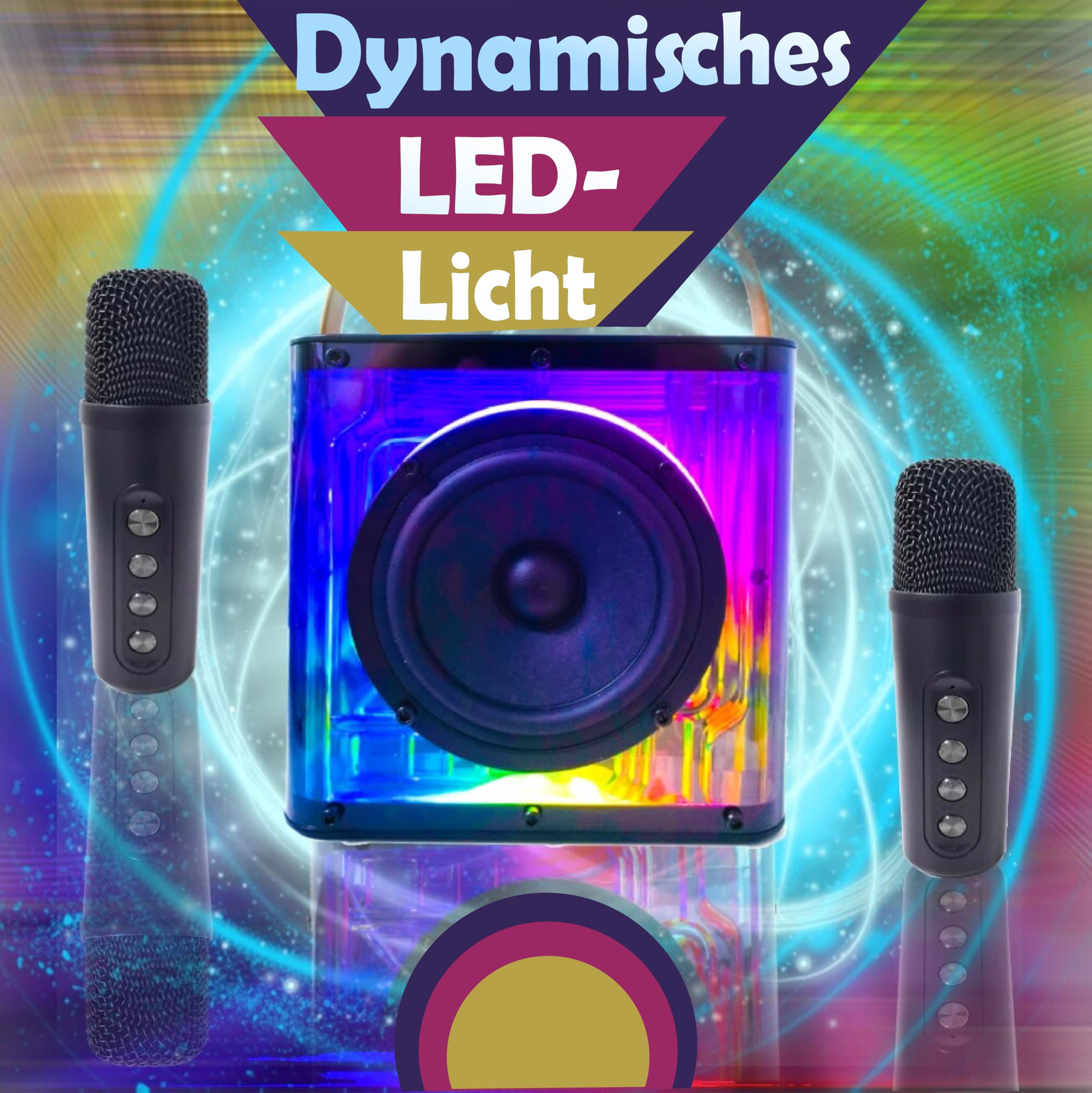 Karaoke Maschine Tragbar, 2 Kabellose Mikrofone, Bluetooth 5.0 Lautsprecher 20W, LED Lichter, für Erwachsene Kinder, Innen & Außenbereich