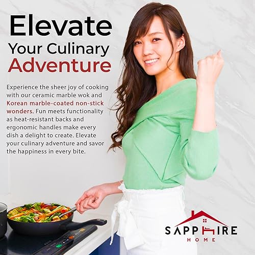 Miniatura 3 de Home N KITCHENWARE - Sartén de mármol prémium de 9 capas, wok de mármol de cerámica, sartén antiadherente fácil de limpiar, revestimiento de mármol