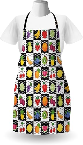 Miniatura 2 de Blanco y Negro Delantal de cocina por Ambesonne, frutas y verduras naturaleza con lunares cuadrados diseño de arte de ajedrez, unisex delantal con