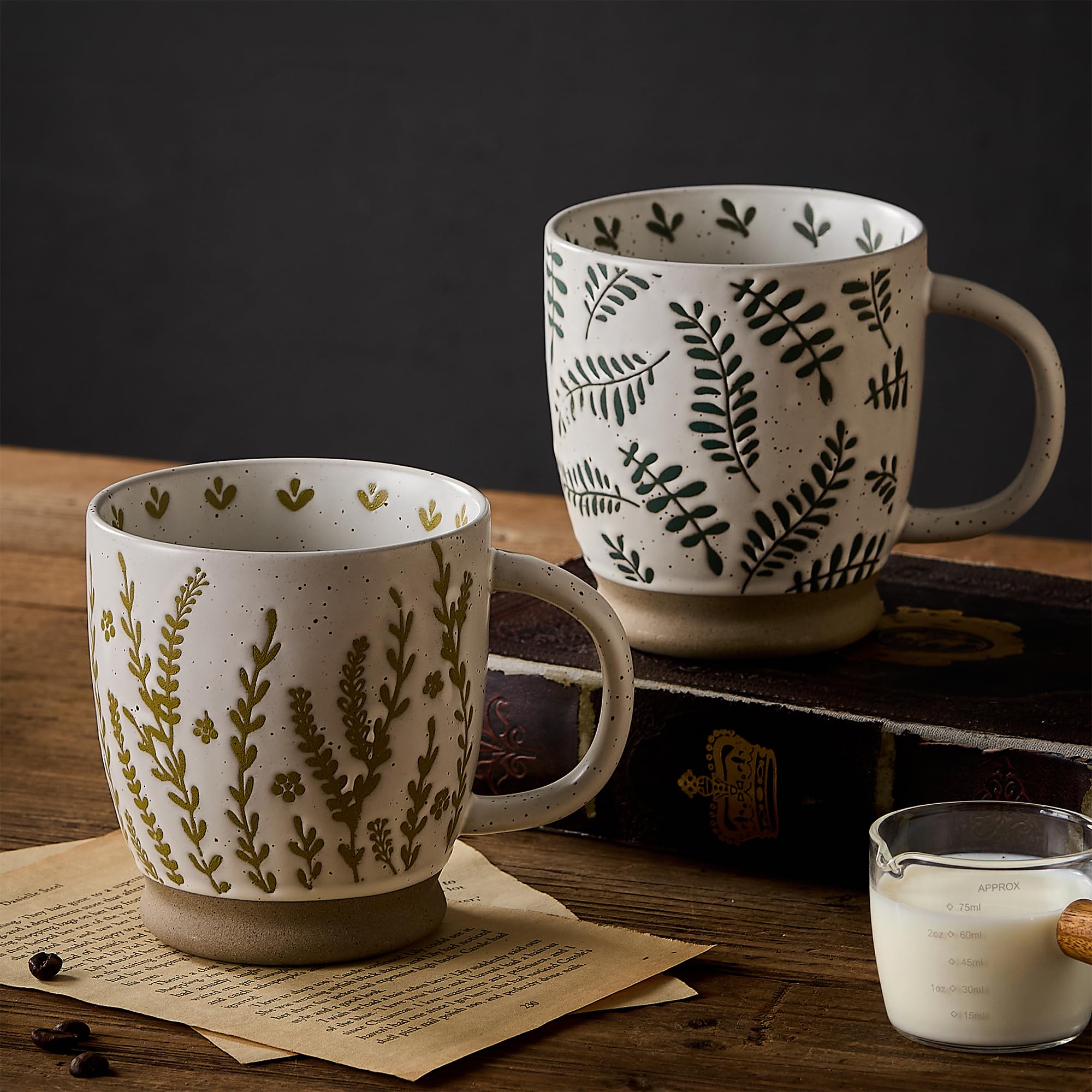 Juego de 2 tazas de café grandes de cerámica de 18 onzas, tazas florales rústicas hechas a mano con asa, aptas para microondas para café con leche, café, café, cacao, leche, tazas grandes modernas y