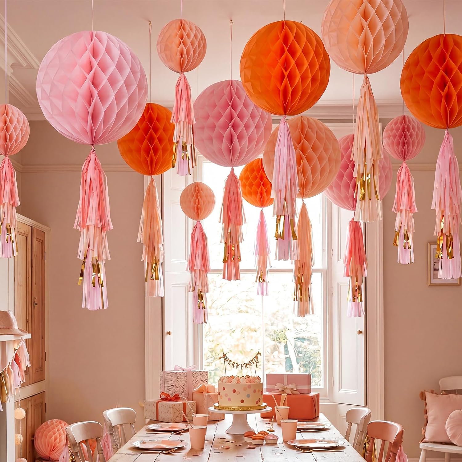 Teyva Daily 12 Pcs Honeycomb Paper Balls Pink and Orange Party Decorations with Tassel Hanging Party Ornament Honeycomb Decor for Birthday Wedding Bridal Baby Shower Bachelorette
