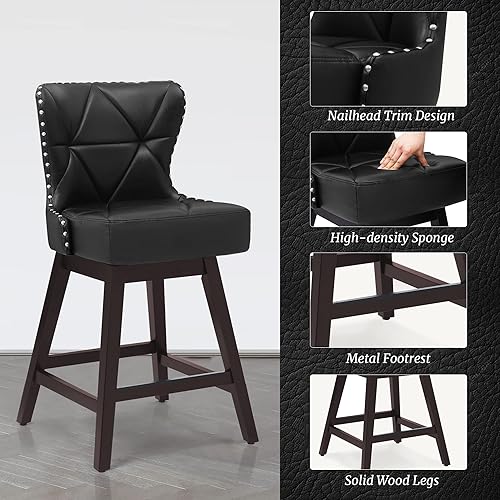 Miniatura 6 de Juego de 2 taburetes de bar de altura de mostrador, taburete de bar giratorio de 26 pulgadas de alto con respaldo, taburete de mostrador de piel