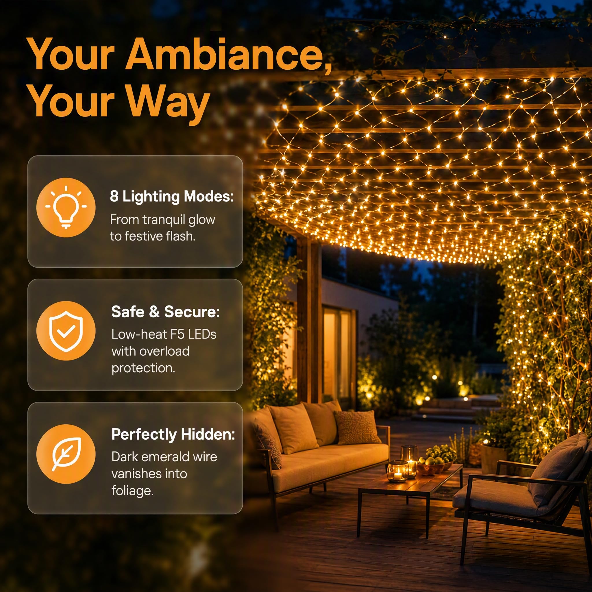 Rete luminosa per interni ed esterni, 6 x 4 m, luce bianca calda, impermeabile, IP44, con 8 modalità di illuminazione, per giardino, balcone, stanza, decorazione della casa, feste e decorazioni