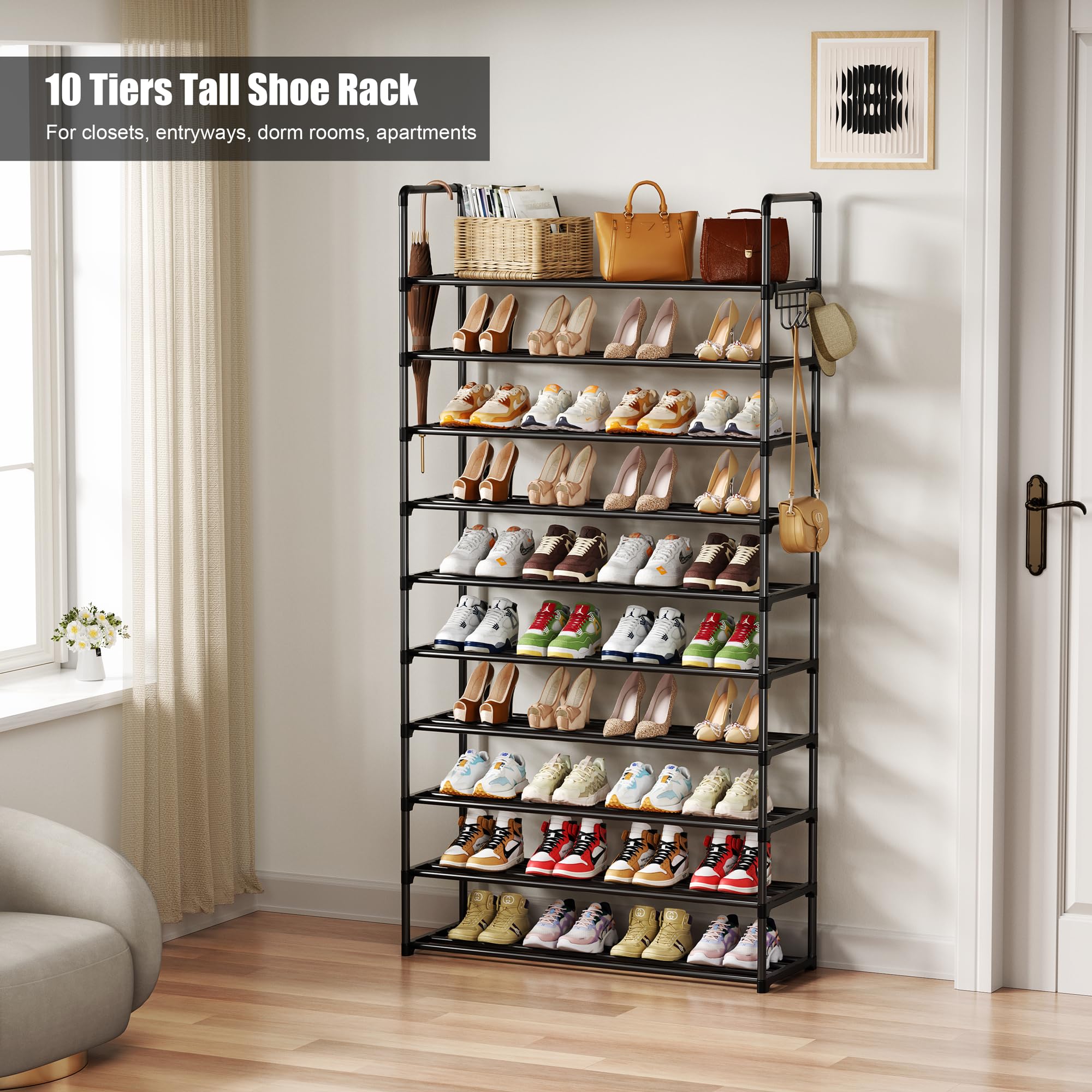 SPUSEN Étagère à chaussures en métal, 10 niveaux avec crochets, convient pour 40 à 45 paires de chaussures, étagère à chaussures haute en métal pour placard, entrée, garage, chambre, vestiaire