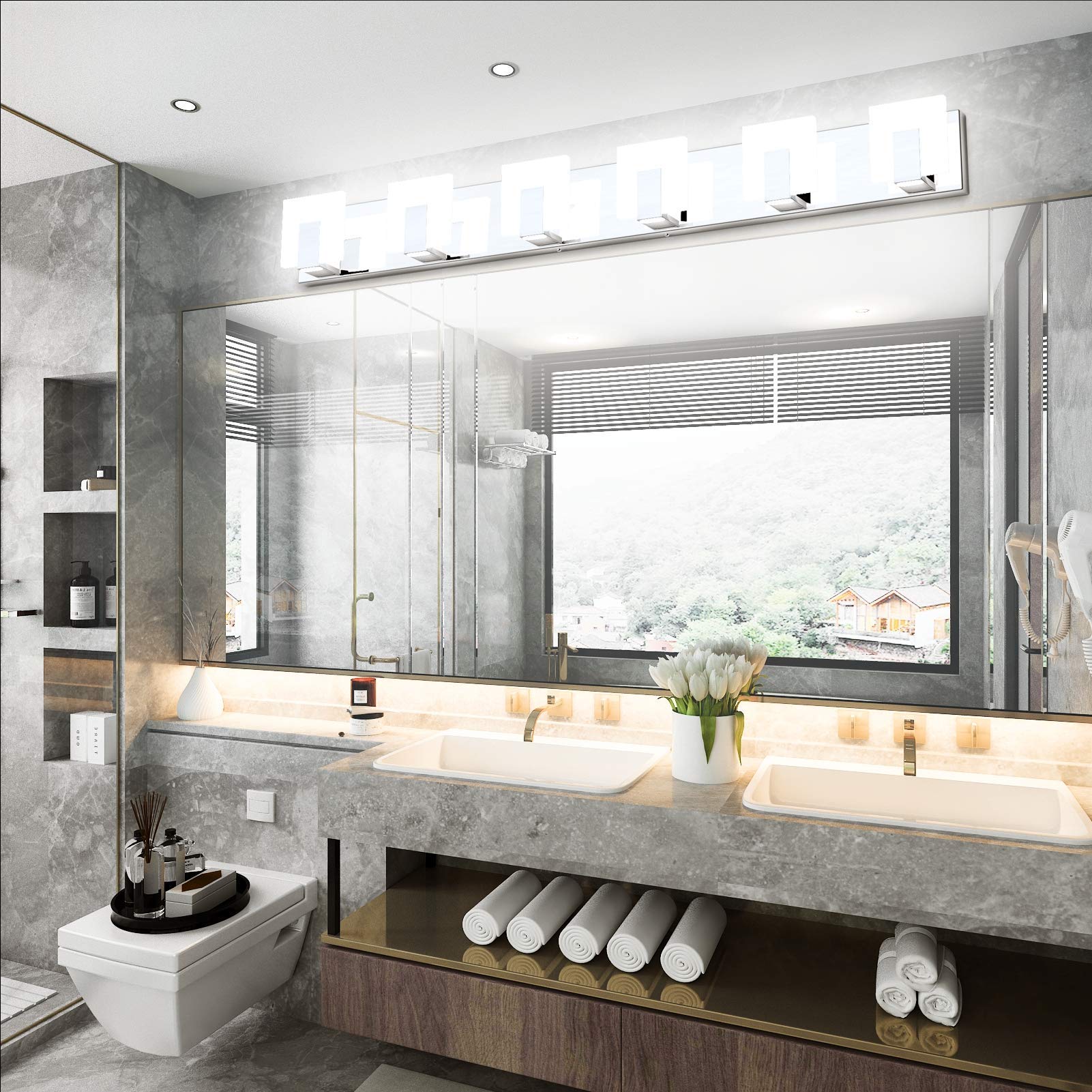 Aipsun 6 Lights Modern LED Bathroom Vanity Light Acrylic Stainless Steel Chrome Up and Down Bathroom Wall Light Over Mirror(White Light 6000K)