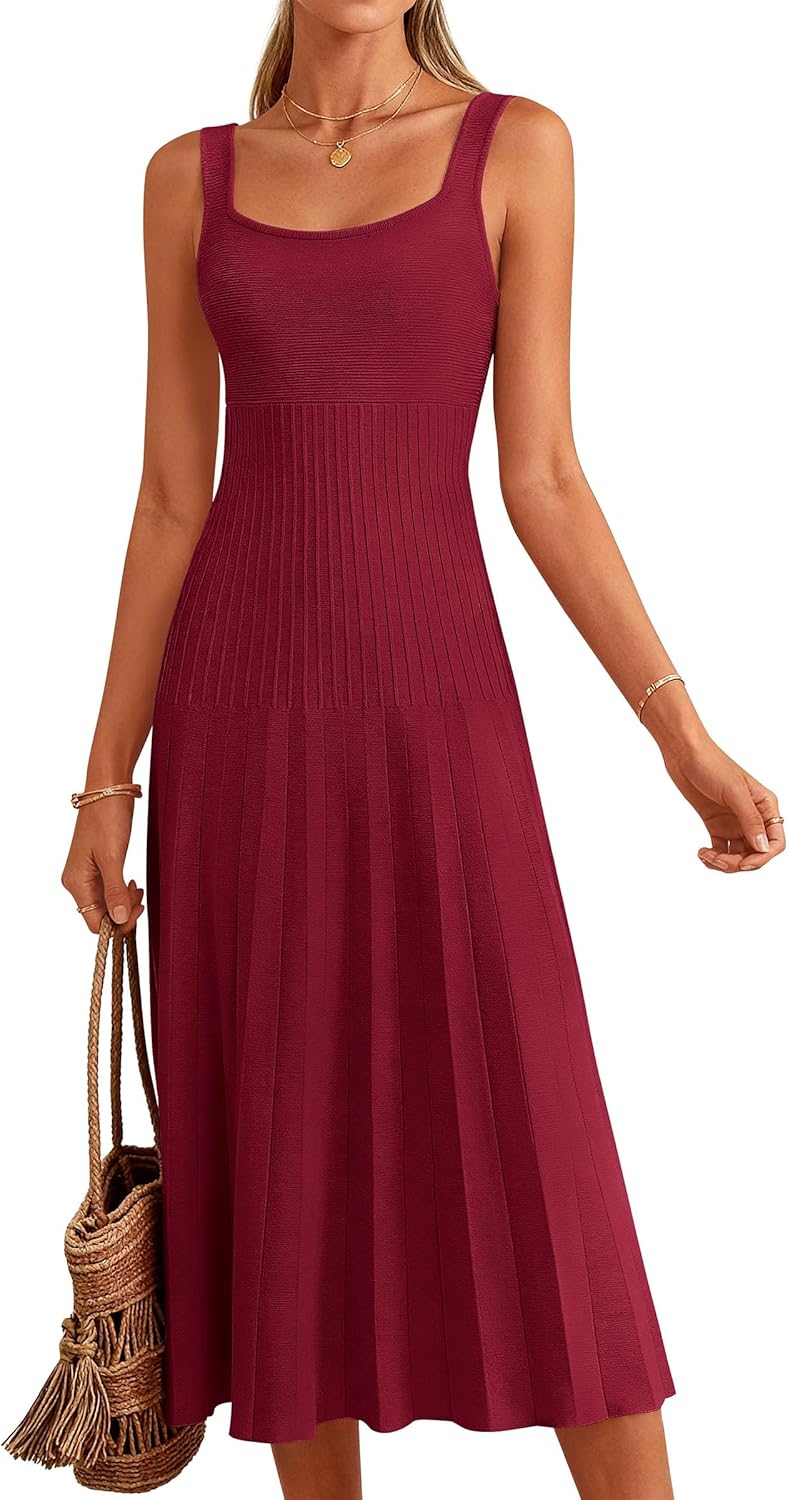 PRETTYGARDEN Spring Dresses for Women 2026 Summer Casual Sleeveless Square Neck A Line Knit Pleated Midi Cocktail Party Dress