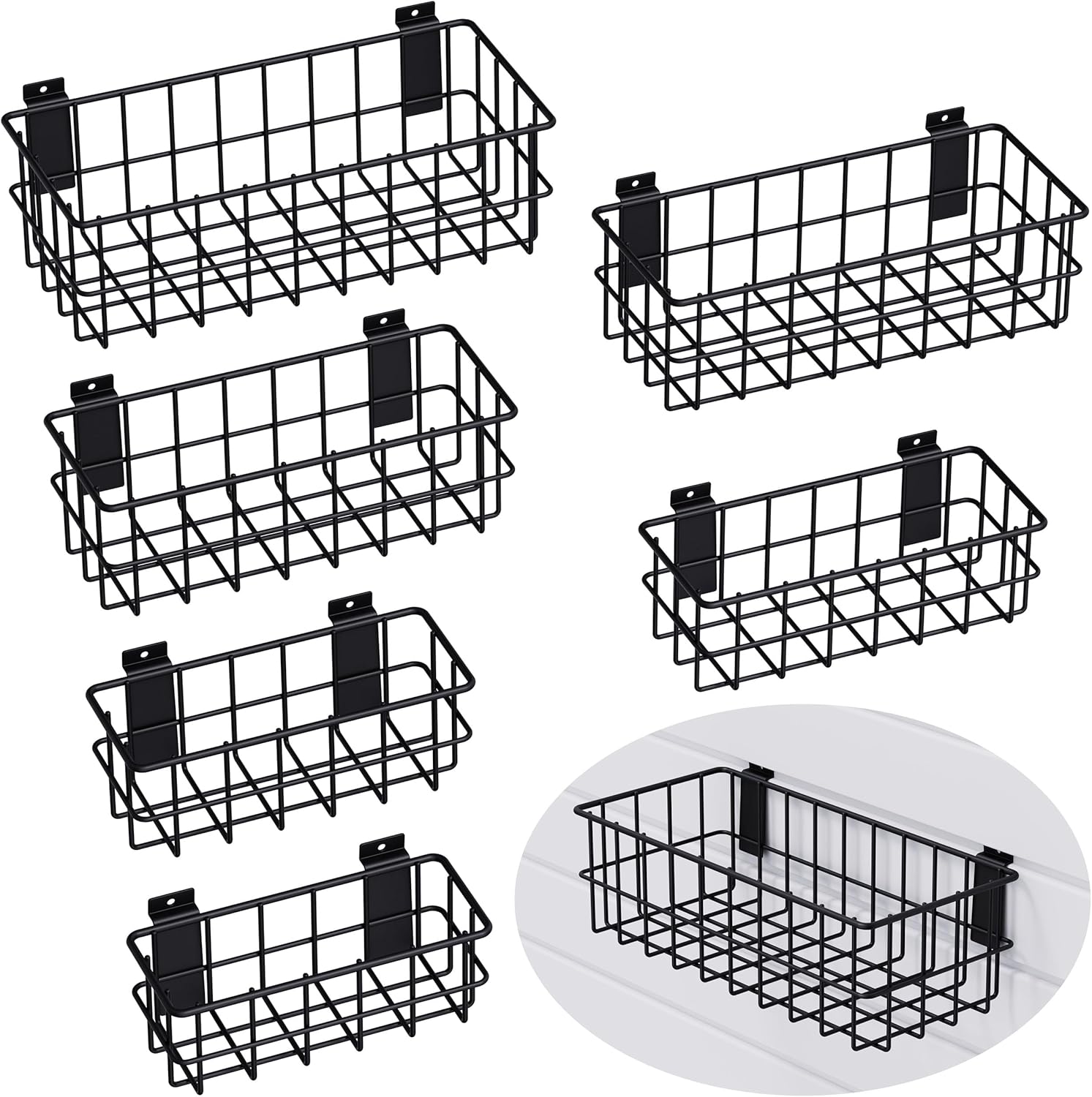 Heavy Duty Slatwall Baskets - 6 Pack Black Multi-Size Storage Organizer for Garage Workshop, Fits Standard Panels