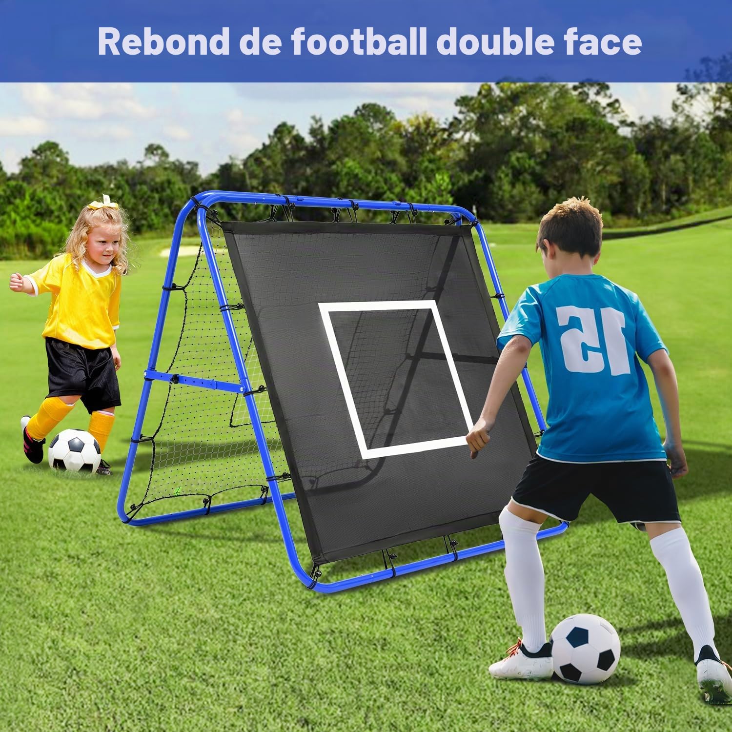 Bagail Filet de Rebond Double Face, Filet de Football avec Tige Peinte renforcée, Angle réglable, Structure Pliable, But de Football Portable de Jardin