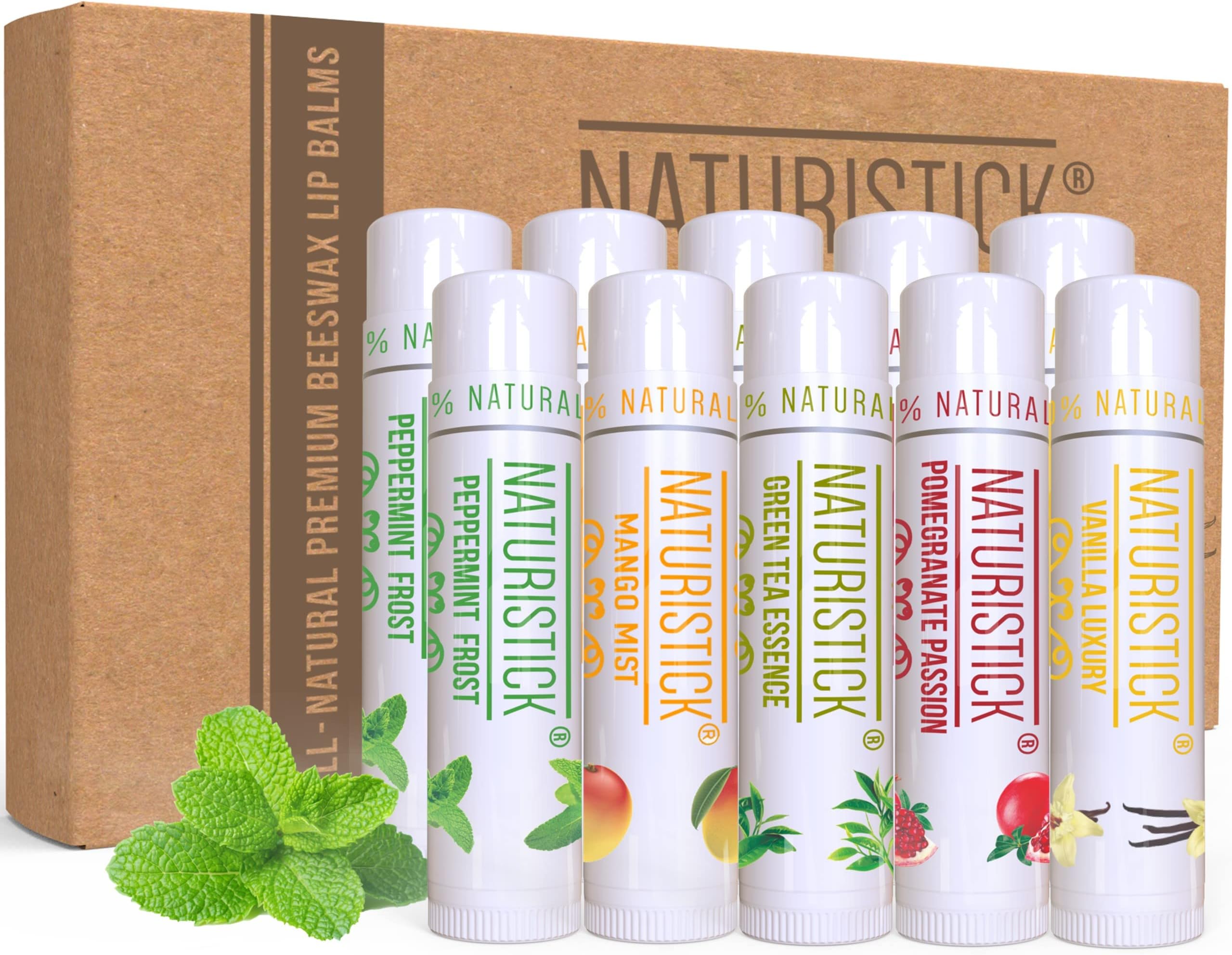 Naturistick Natural Beeswax Lip Balm 10-Pack | Assorted Flavors | Standard 0.15 oz Tubes