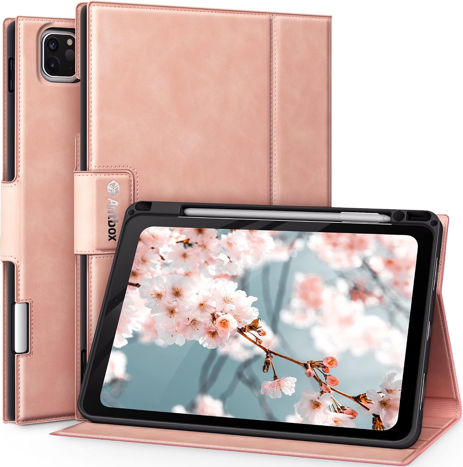 Antbox Case for iPad Pro 11 Inch 4th (2022)/3rd/2nd/1st Generation with Built-in Apple Pencil Holder Auto Sleep/Wake Function PU Leather iPad Pro 11 Cover (Pink)