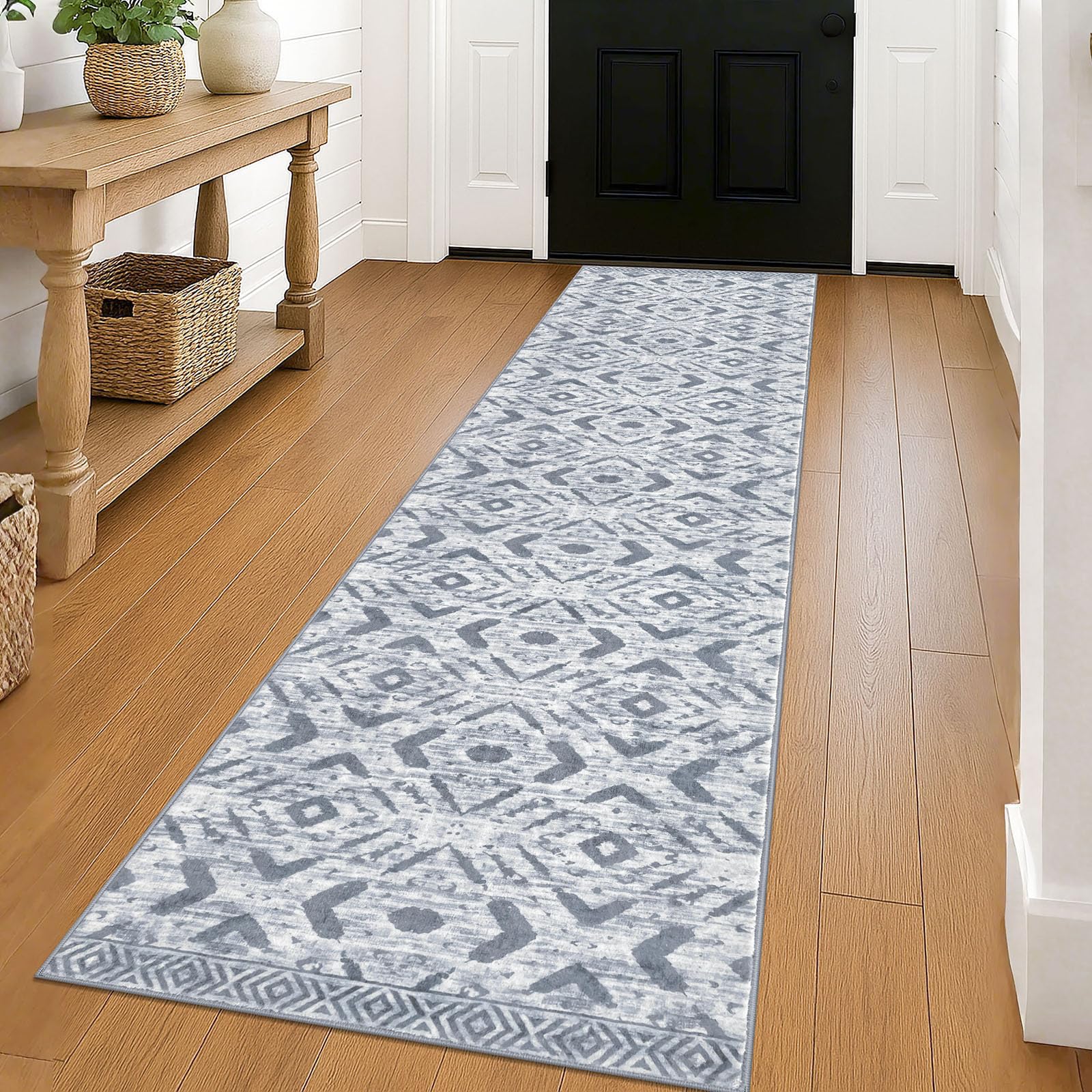 KILOCOCO Hallway Runner Rug 2'x8' Runners for Hallways Washable Runner Rug Non Slip Laundry Room Rugs Low-Pile Runners for Bedroom Kitchen Living Room Boho Rugs, Grey White