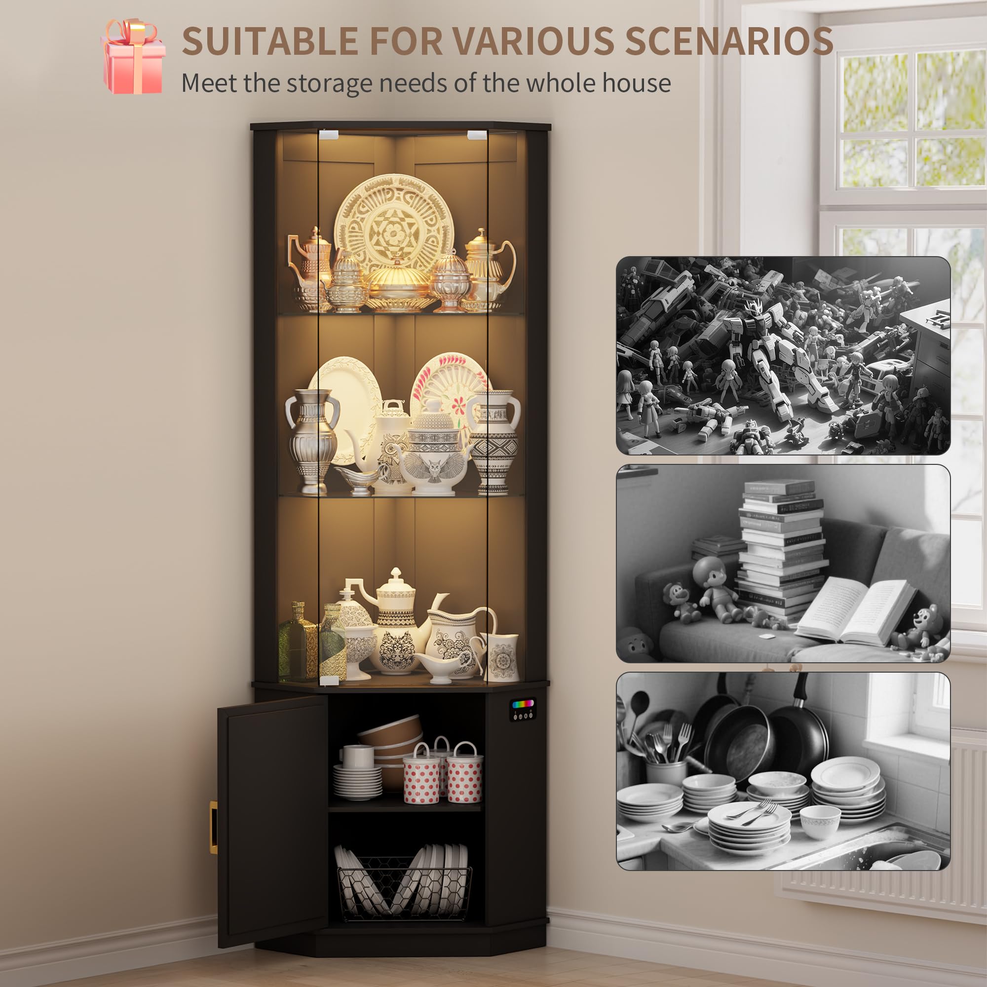 Lvifur Vitrina esquinera con iluminación LED y cajones para Objetos de colección, Vino, Vitrina de Cristal de 3 Niveles con sensores Inteligentes para Sala de Estar, Dormitorio