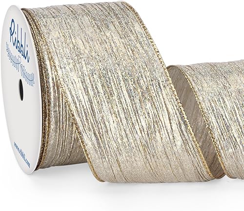 Ribbli Cinta de alambre arrugada de color dorado champán con borde dorado metálico, cinta de Navidad iridiscente champán para guirnaldas, coronas, Ribbli Cinta de alambre arrugada de color dorado champán con borde dorado metálico, cinta de Navidad iridiscente champán para guirnaldas, coronas,