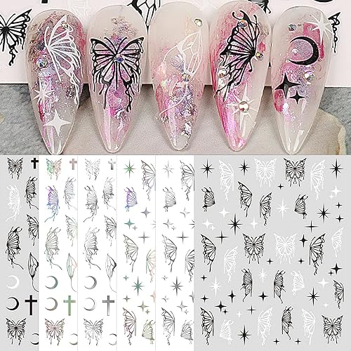 SILPECWEE 6 hojas de calcomanías de uñas de mariposa para mujeres y niñas, calcomanías de arte de uñas 3D, calcomanías de arte de uñas metálicas