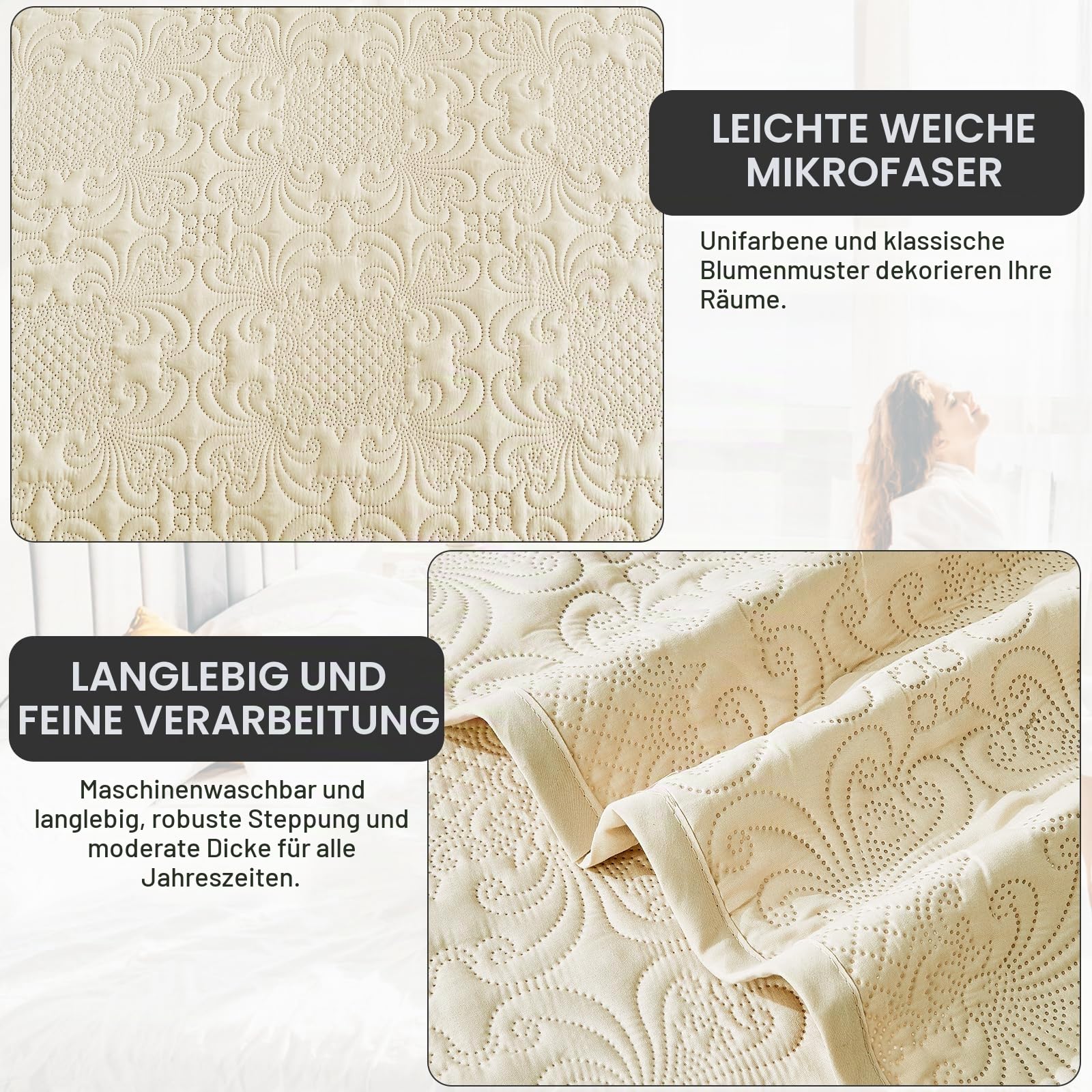 Qucover Tagesdecke Bett 240x260 Beige Bettüberwurf Bedspreads aus Mikrofaser, Tagesdecken Steppdecke Sofa Überwurfdecke Wohndecke für Bett