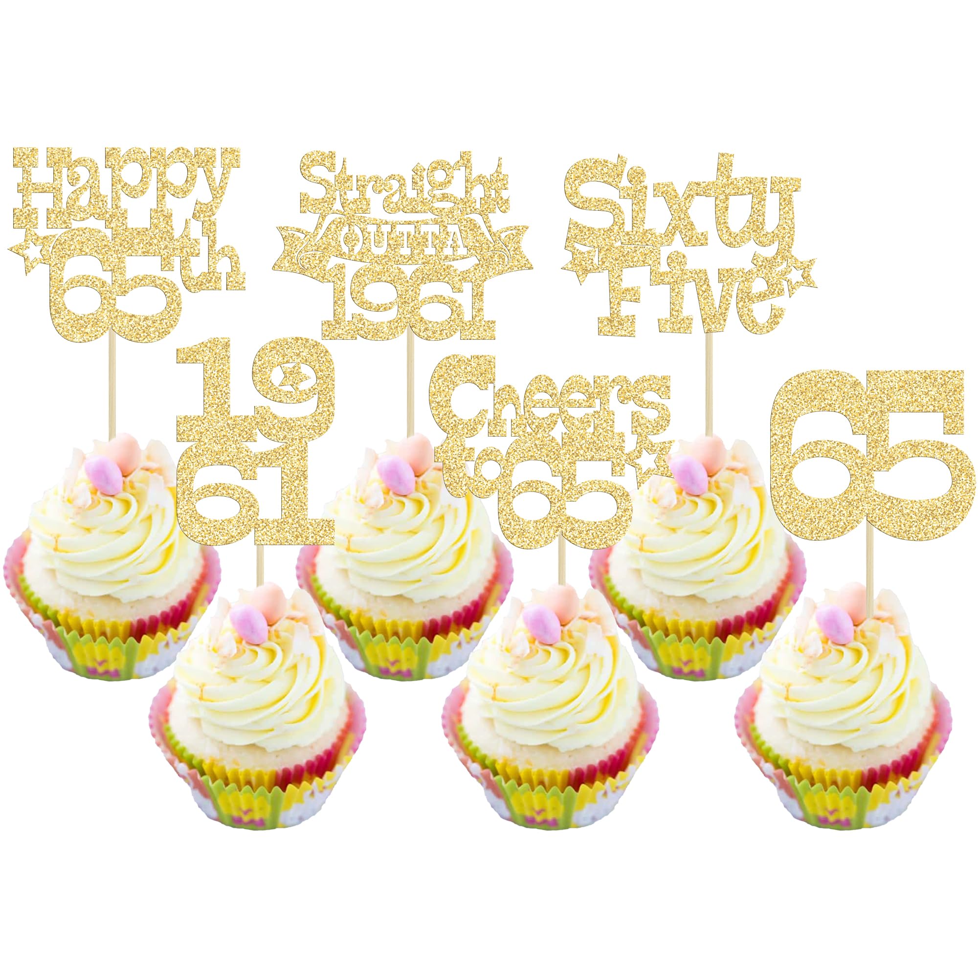 Ephlyn 30Pcs Happy 65th Birthday Cupcake Toppers Glitter Sixty Five Straight Outta 1961 Cupcake Picks Cheers to 65 Years Cake Decorations for Happy 65th Birthday Anniversary Party Supplies Gold