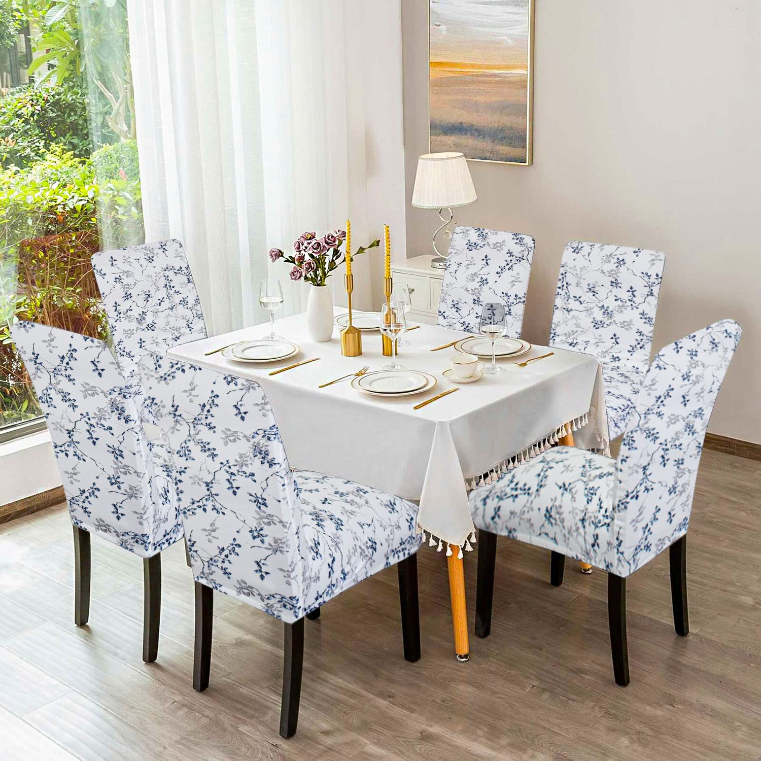 Stretchable Printed Soft Chair Cover Set of 6 Pc/Elastic Dining Chair Cover - Easily Removable Slipcovers | Washable Seat Protector Floral Printed FGCC0010 White-image-12