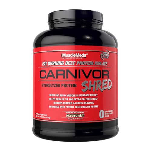 MuscleMeds Carnivor Shred Fat Burning Hydrolized Beef Protein Isolate, 0 Lactose, 0 Sugar, 0 Fat, Chocolate, 4.35 lbs - Chocolate - 4.35 Pound (Pack of 1)