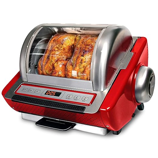 Ronco EZ-Store Rotisserie Oven, Gourmet Cooking at Home, Cooks Perfectly Roasted Chickens, Turkey, Pork, Roasts & Burgers, Large Capacity, 3 Cooking Options: Roast, Sear, No Heat Rotation, Red